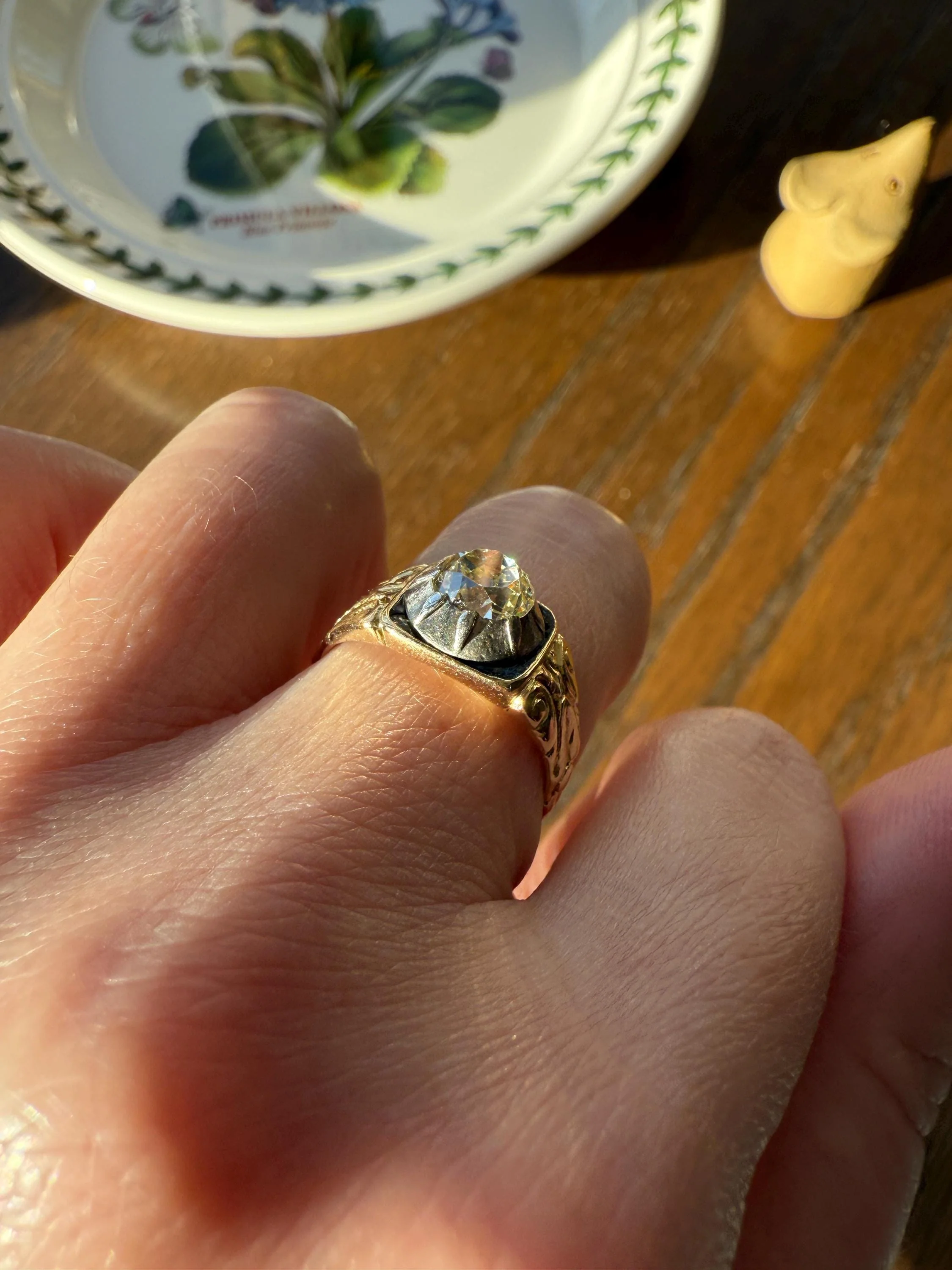 Chunky One Carat Old Mine Cut DIAMOND Solitaire Georgian to Early Victorian Open Back Antique 18k Gold Silver Collet Ornate Stacker OMC - Image 18