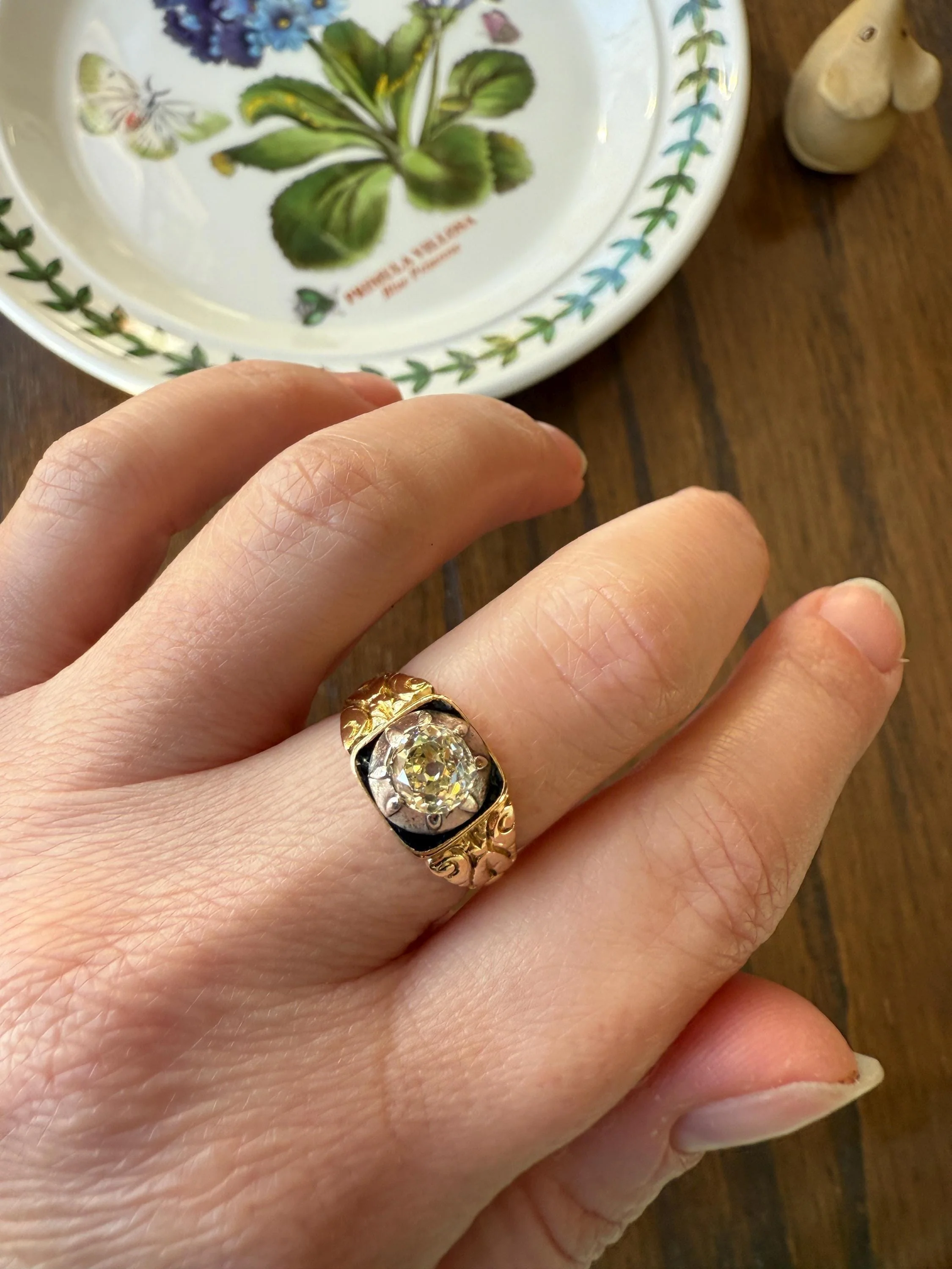 Chunky One Carat Old Mine Cut DIAMOND Solitaire Georgian to Early Victorian Open Back Antique 18k Gold Silver Collet Ornate Stacker OMC - Image 2