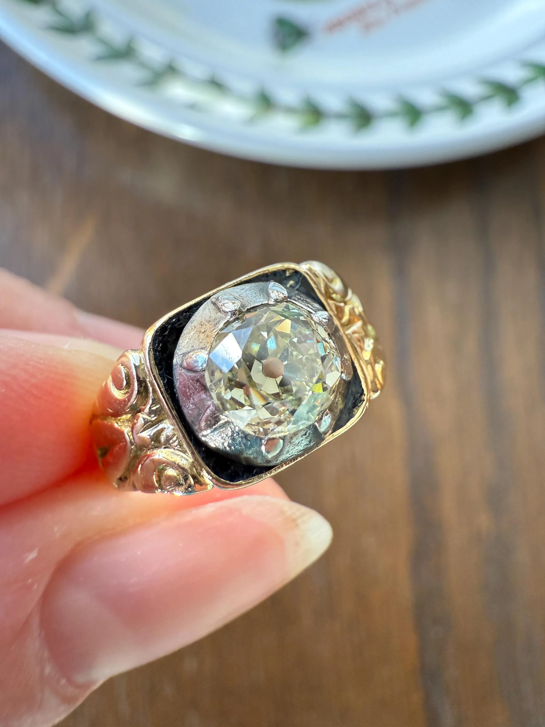 Chunky One Carat Old Mine Cut DIAMOND Solitaire Georgian to Early Victorian Open Back Antique 18k Gold Silver Collet Ornate Stacker OMC - Image 3