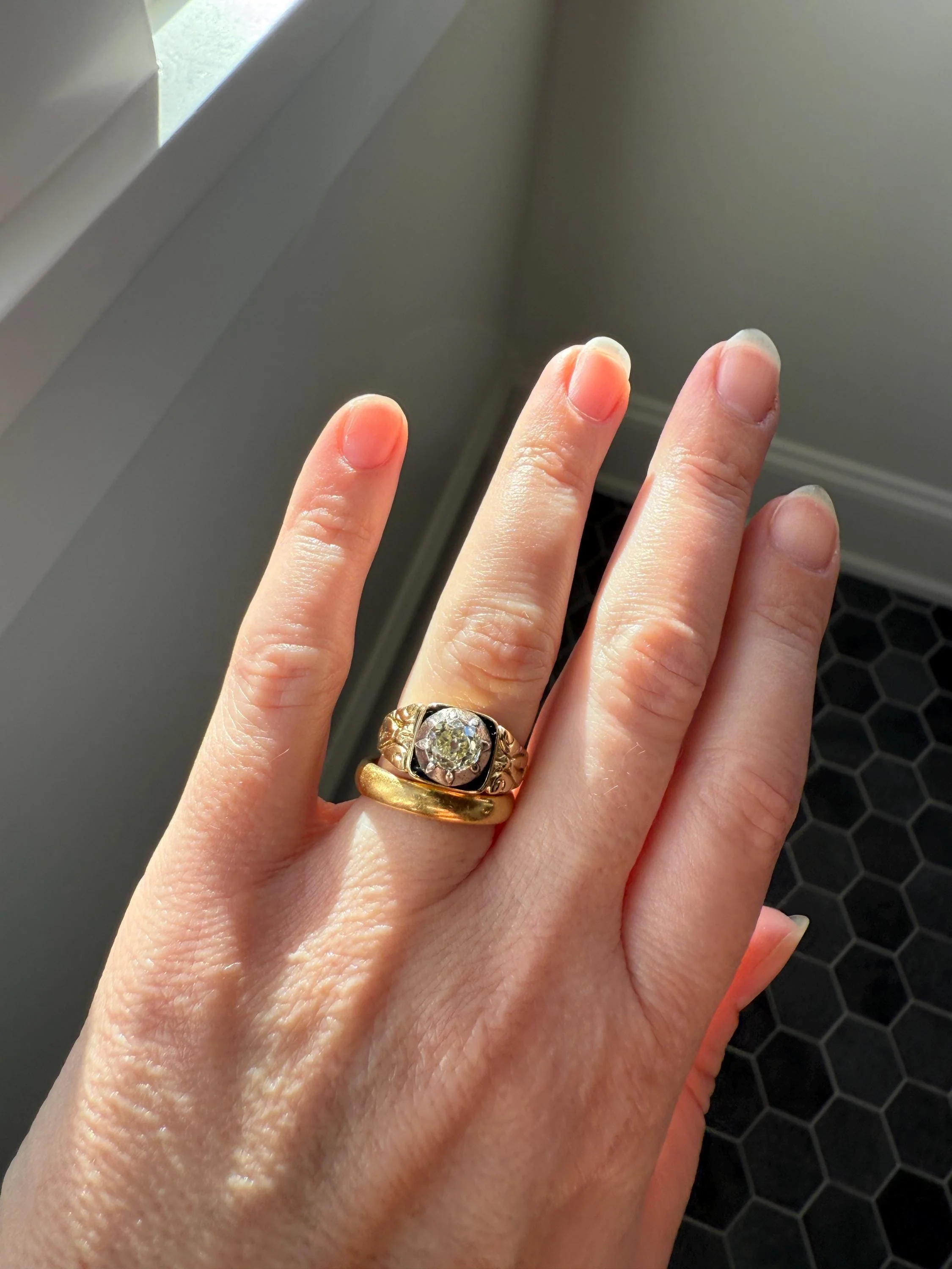 Chunky One Carat Old Mine Cut DIAMOND Solitaire Georgian to Early Victorian Open Back Antique 18k Gold Silver Collet Ornate Stacker OMC - Image 4