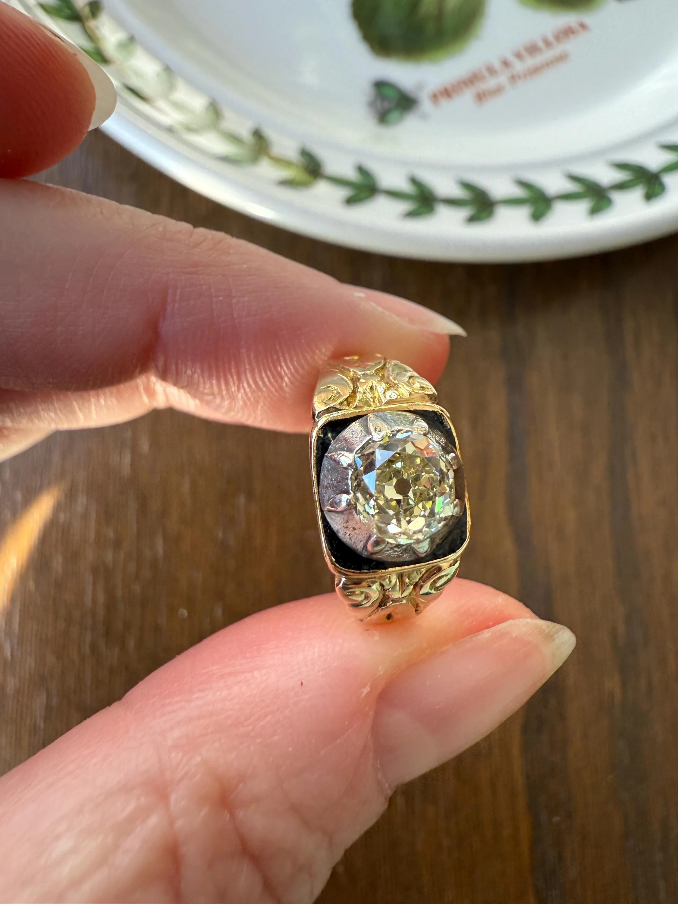 Chunky One Carat Old Mine Cut DIAMOND Solitaire Georgian to Early Victorian Open Back Antique 18k Gold Silver Collet Ornate Stacker OMC - Image 5