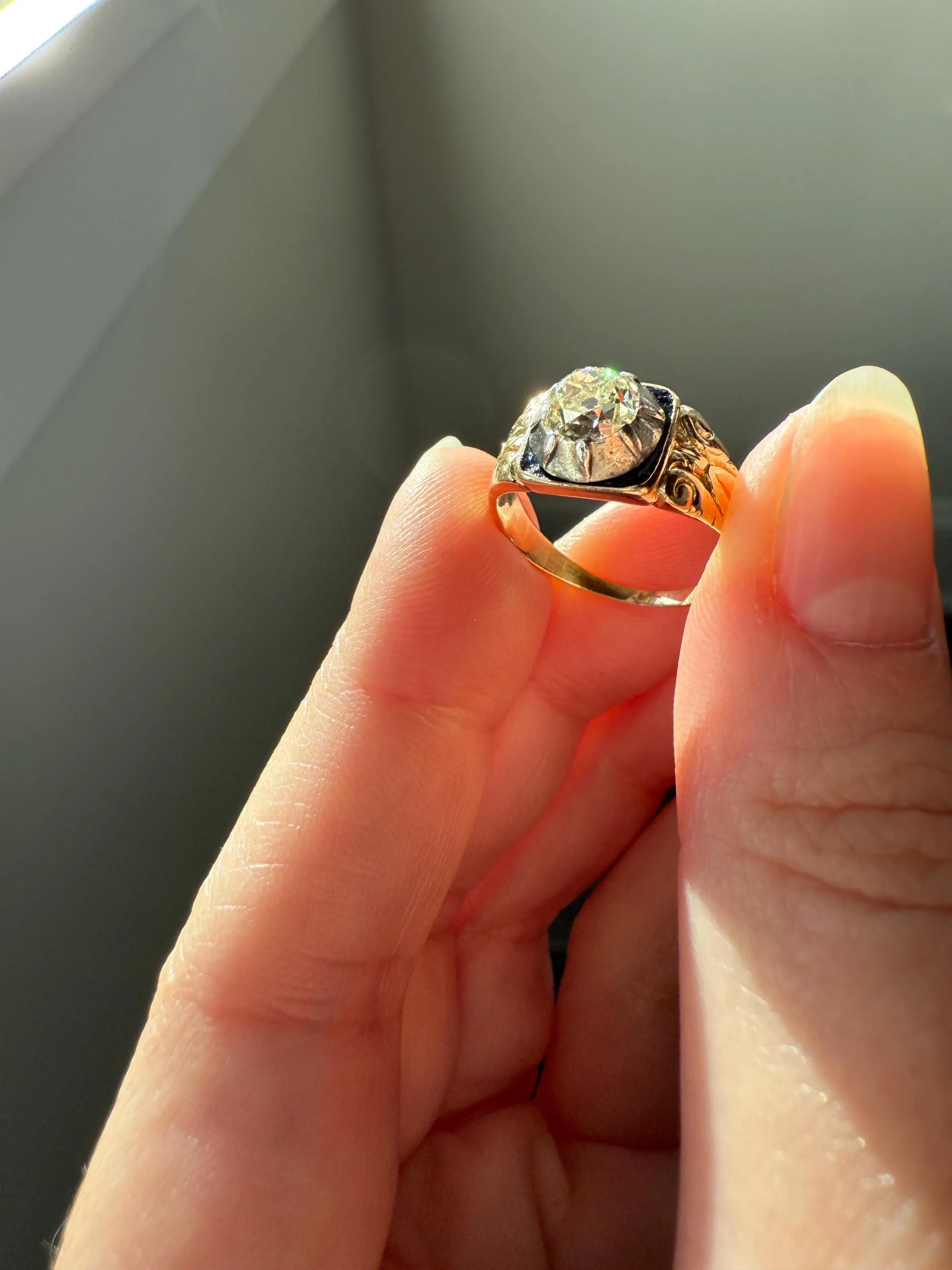 Chunky One Carat Old Mine Cut DIAMOND Solitaire Georgian to Early Victorian Open Back Antique 18k Gold Silver Collet Ornate Stacker OMC - Image 7