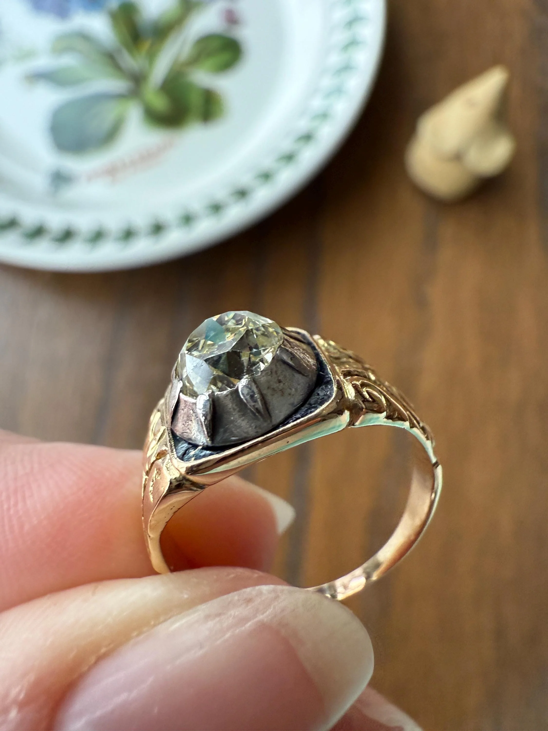 Chunky One Carat Old Mine Cut DIAMOND Solitaire Georgian to Early Victorian Open Back Antique 18k Gold Silver Collet Ornate Stacker OMC - Image 8
