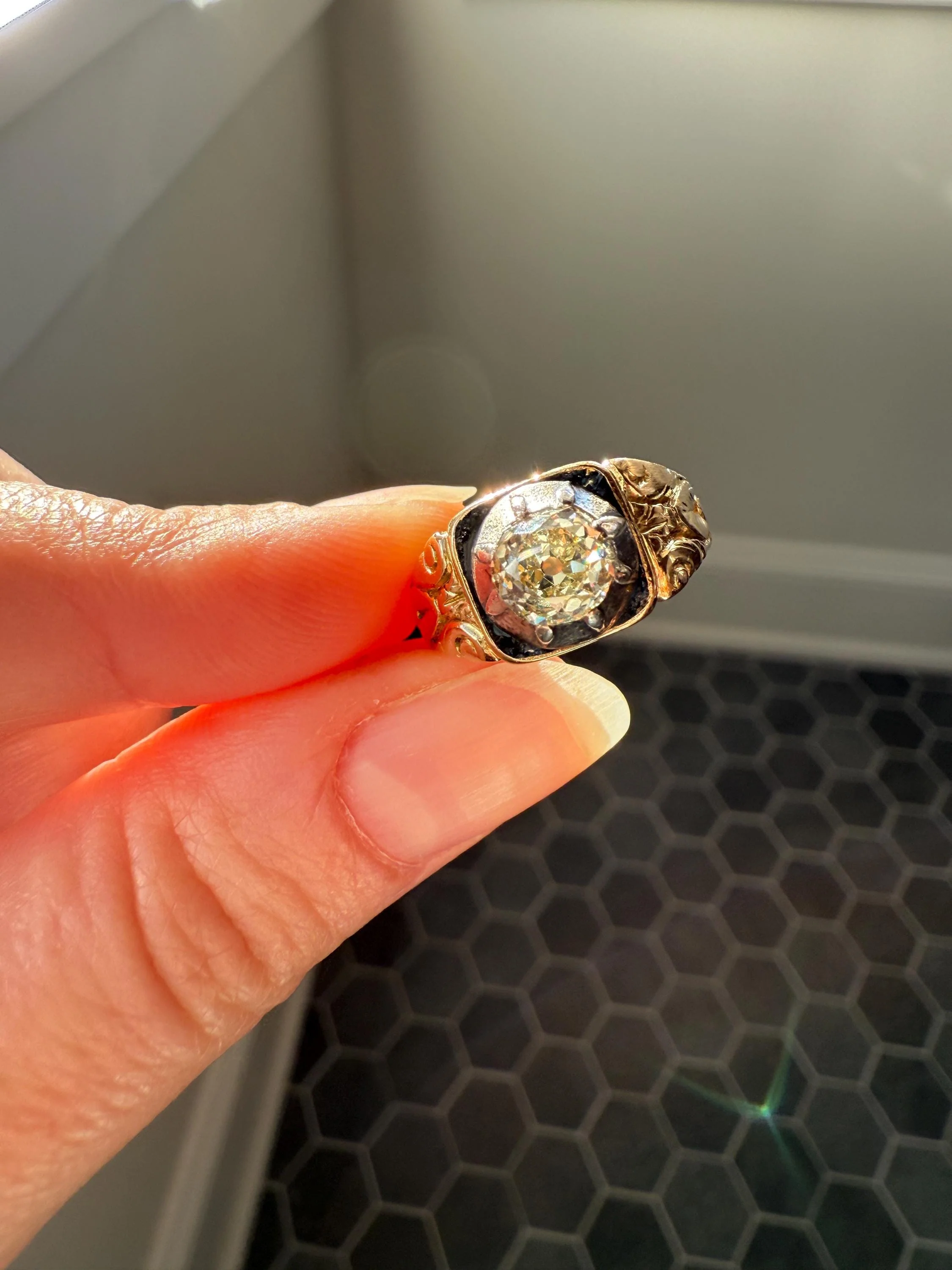 Chunky One Carat Old Mine Cut DIAMOND Solitaire Georgian to Early Victorian Open Back Antique 18k Gold Silver Collet Ornate Stacker OMC - Image 9
