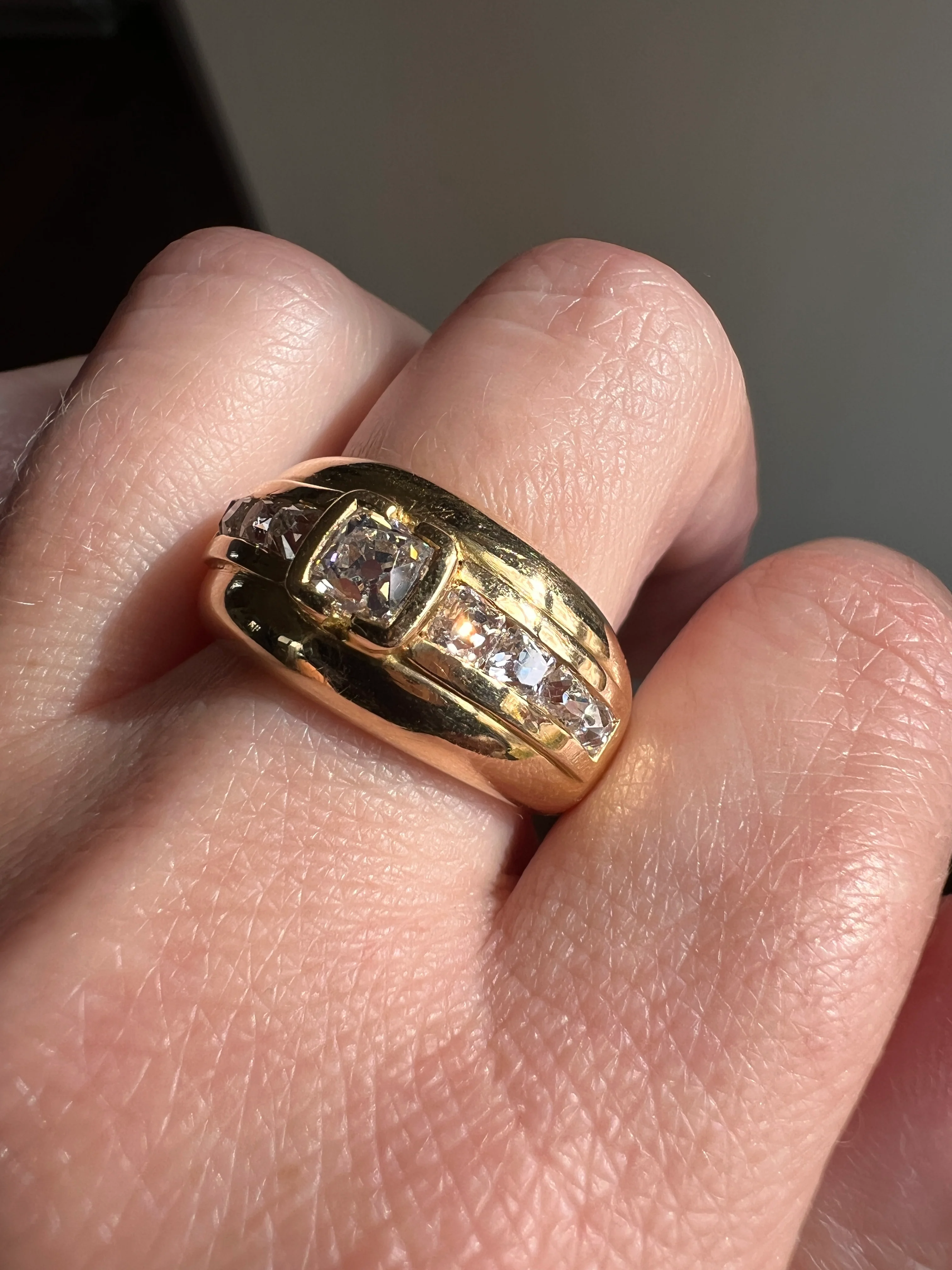 Chunky PERUZZI & Old Mine Cut Antique 1 Carat DIAMOND Gypsy Line Ring 9.6g 18k Gold HEAVY Vintage Setting Stacker 11mm Wide Band French - Image 11