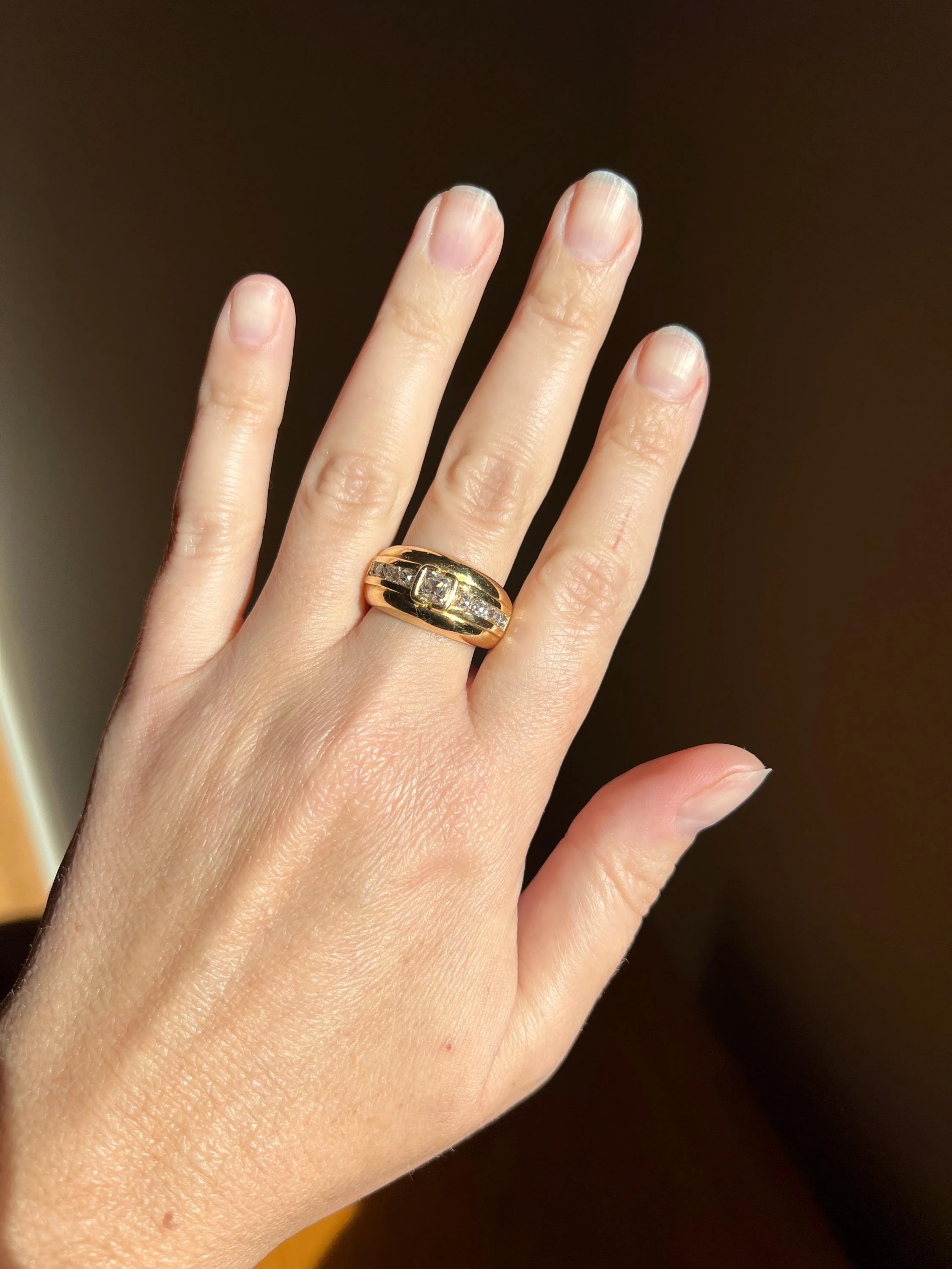 Chunky PERUZZI & Old Mine Cut Antique 1 Carat DIAMOND Gypsy Line Ring 9.6g 18k Gold HEAVY Vintage Setting Stacker 11mm Wide Band French - Image 2