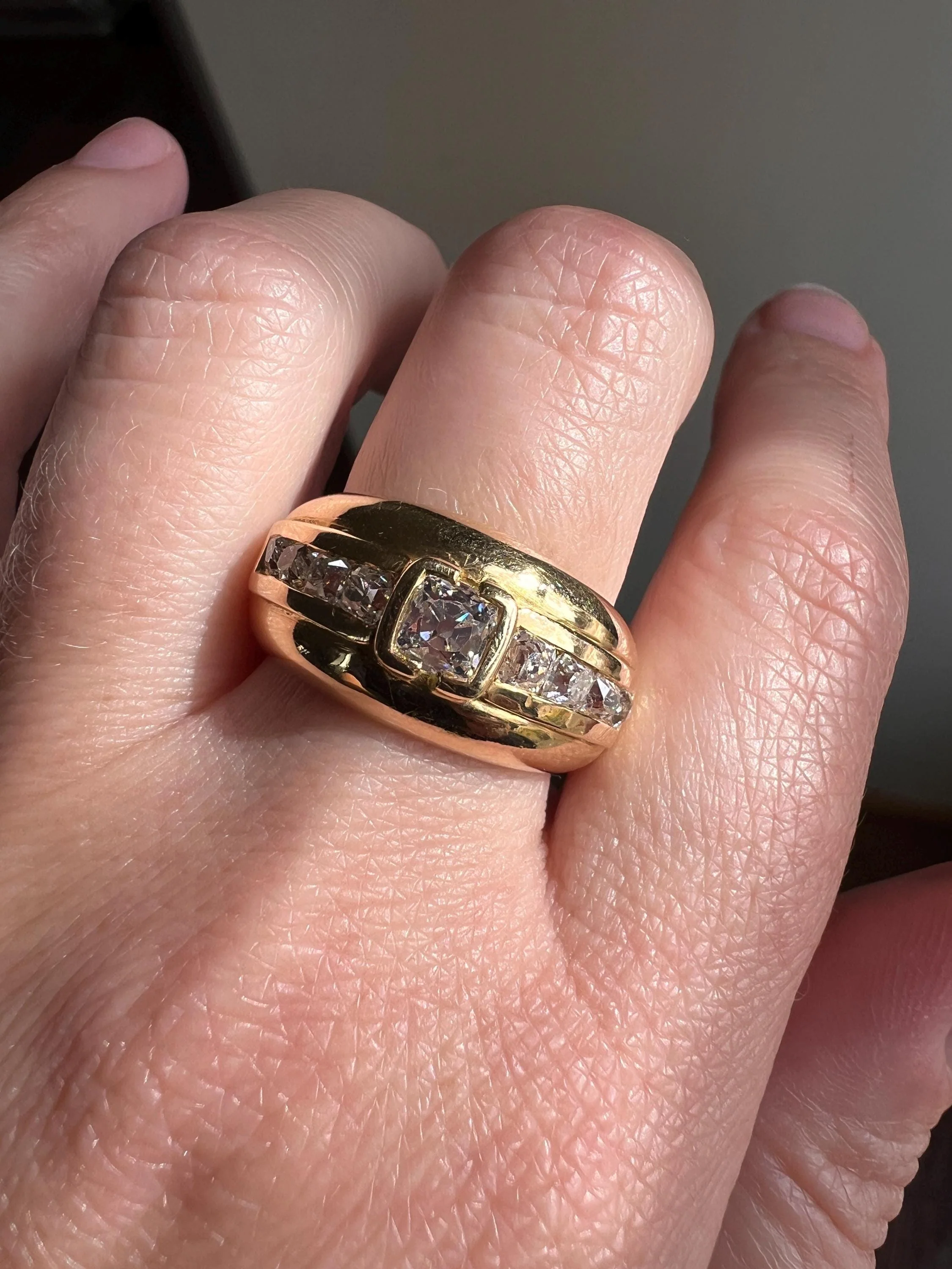 Chunky PERUZZI & Old Mine Cut Antique 1 Carat DIAMOND Gypsy Line Ring 9.6g 18k Gold HEAVY Vintage Setting Stacker 11mm Wide Band French - Image 6