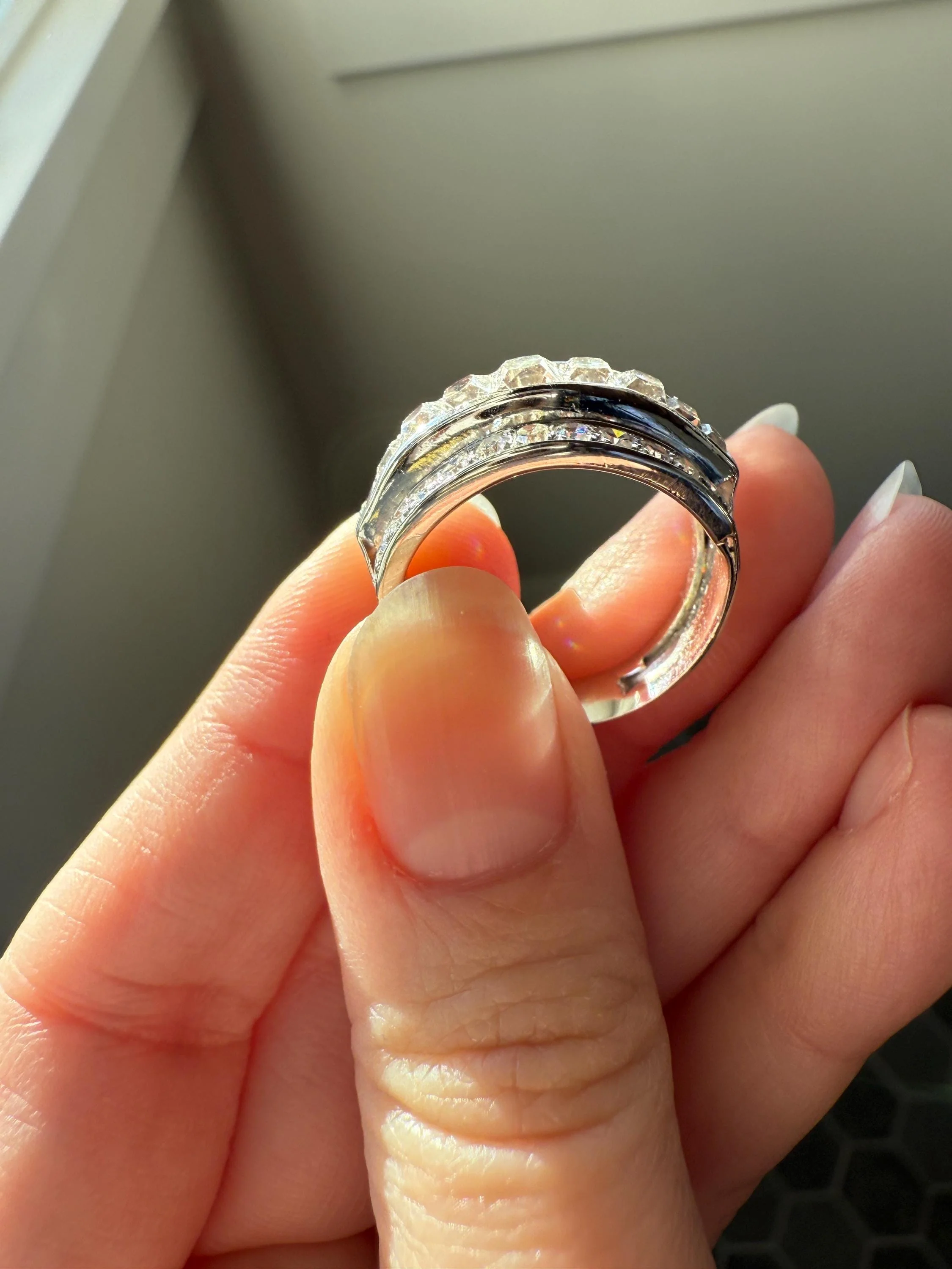 Chunky Vintage 2.3 Carat Old French Cut & Single Cut DIAMOND Triple Row Stepped Wide Band in Platinum Art Deco with Older Stones - Image 12