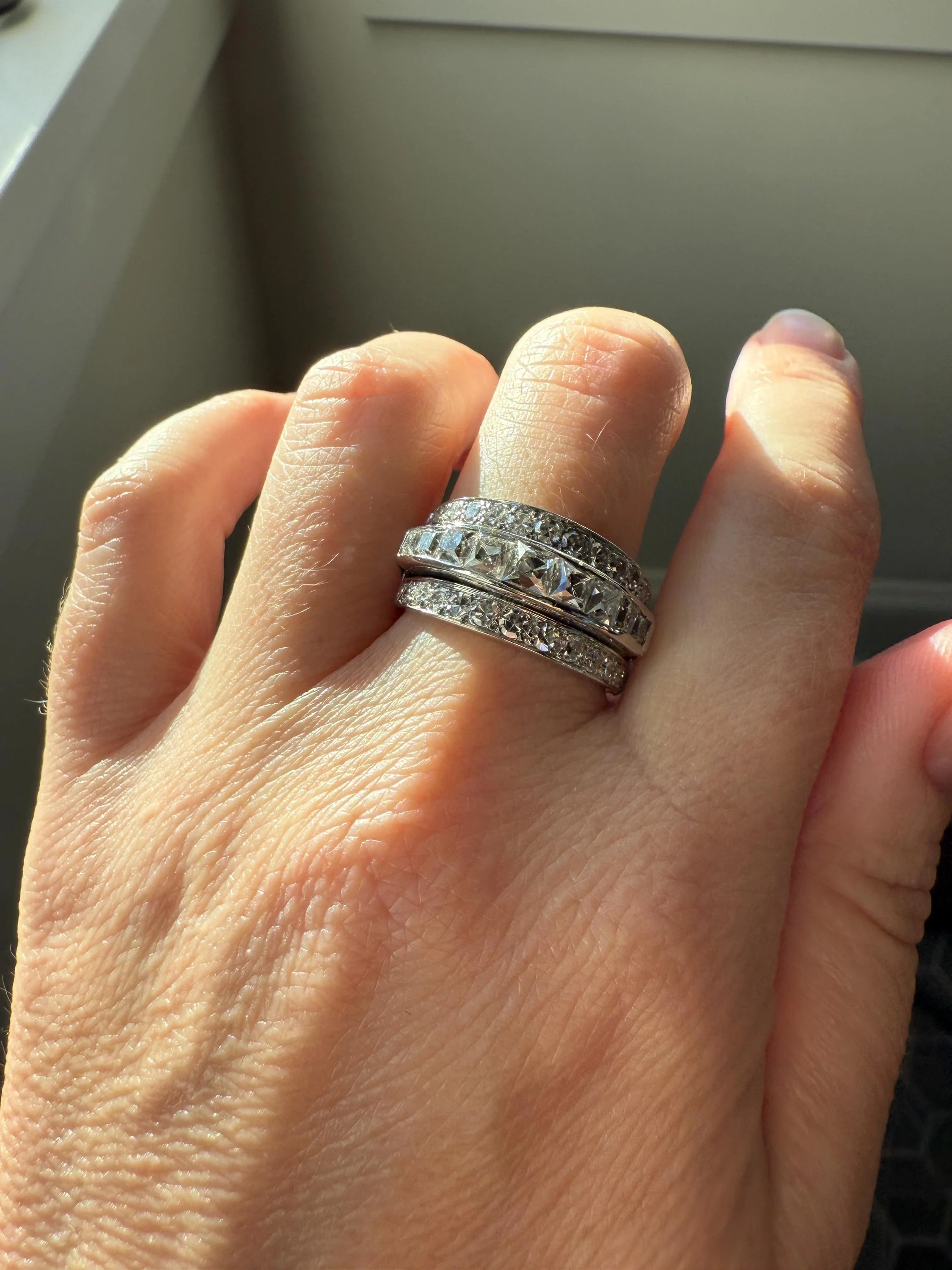 Chunky Vintage 2.3 Carat Old French Cut & Single Cut DIAMOND Triple Row Stepped Wide Band in Platinum Art Deco with Older Stones - Image 18