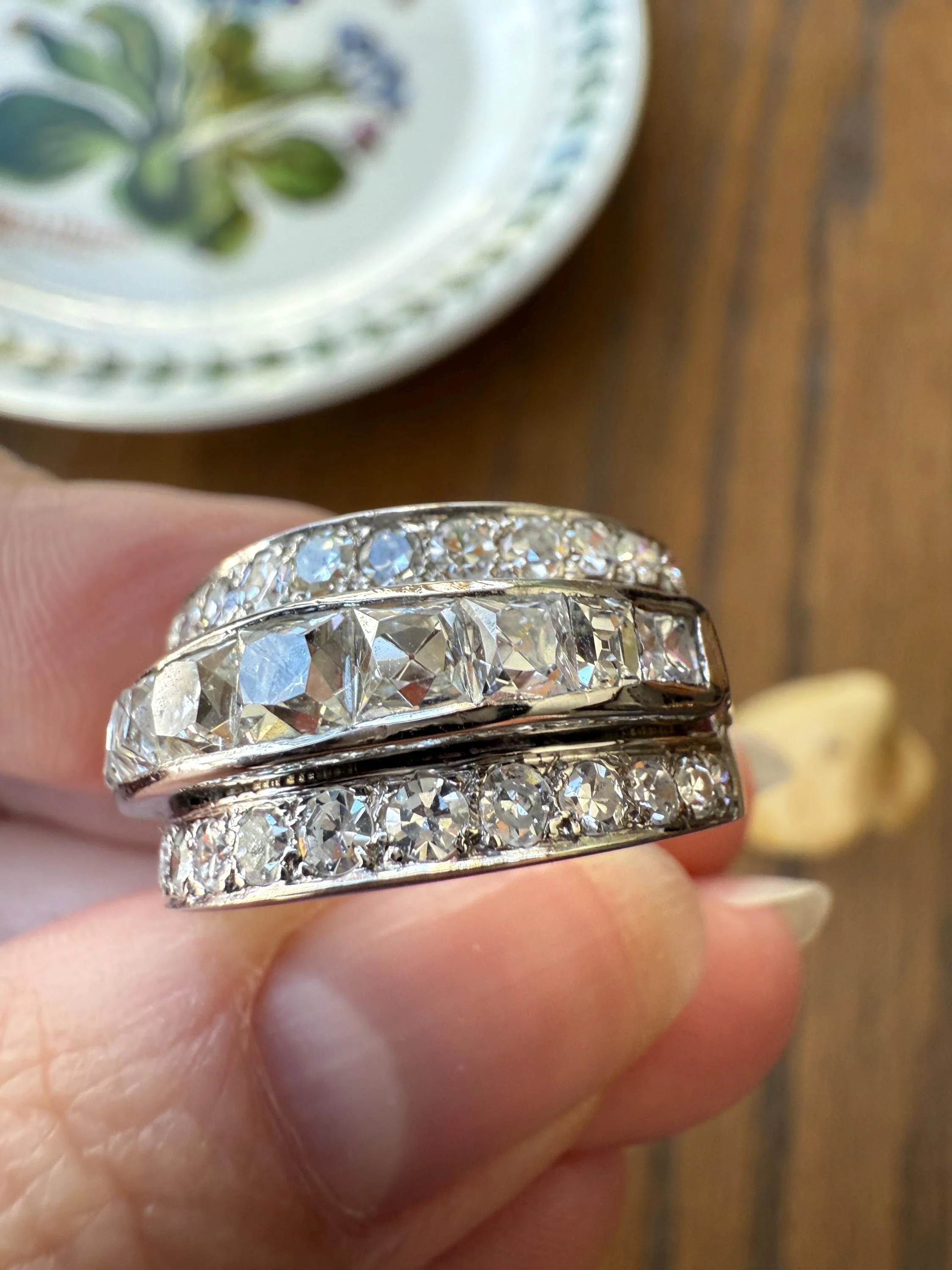 Chunky Vintage 2.3 Carat Old French Cut & Single Cut DIAMOND Triple Row Stepped Wide Band in Platinum Art Deco with Older Stones - Image 5