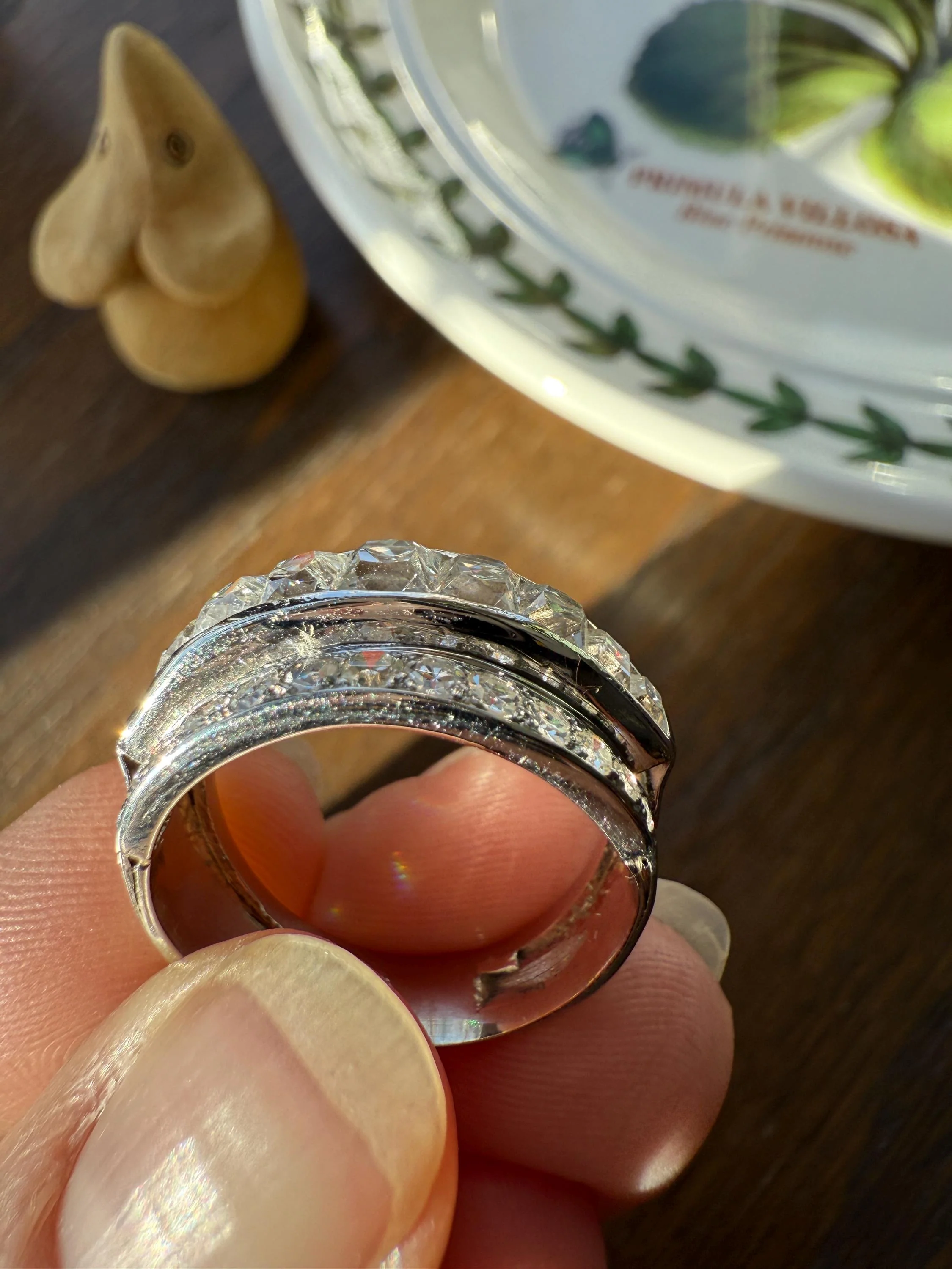 Chunky Vintage 2.3 Carat Old French Cut & Single Cut DIAMOND Triple Row Stepped Wide Band in Platinum Art Deco with Older Stones - Image 6
