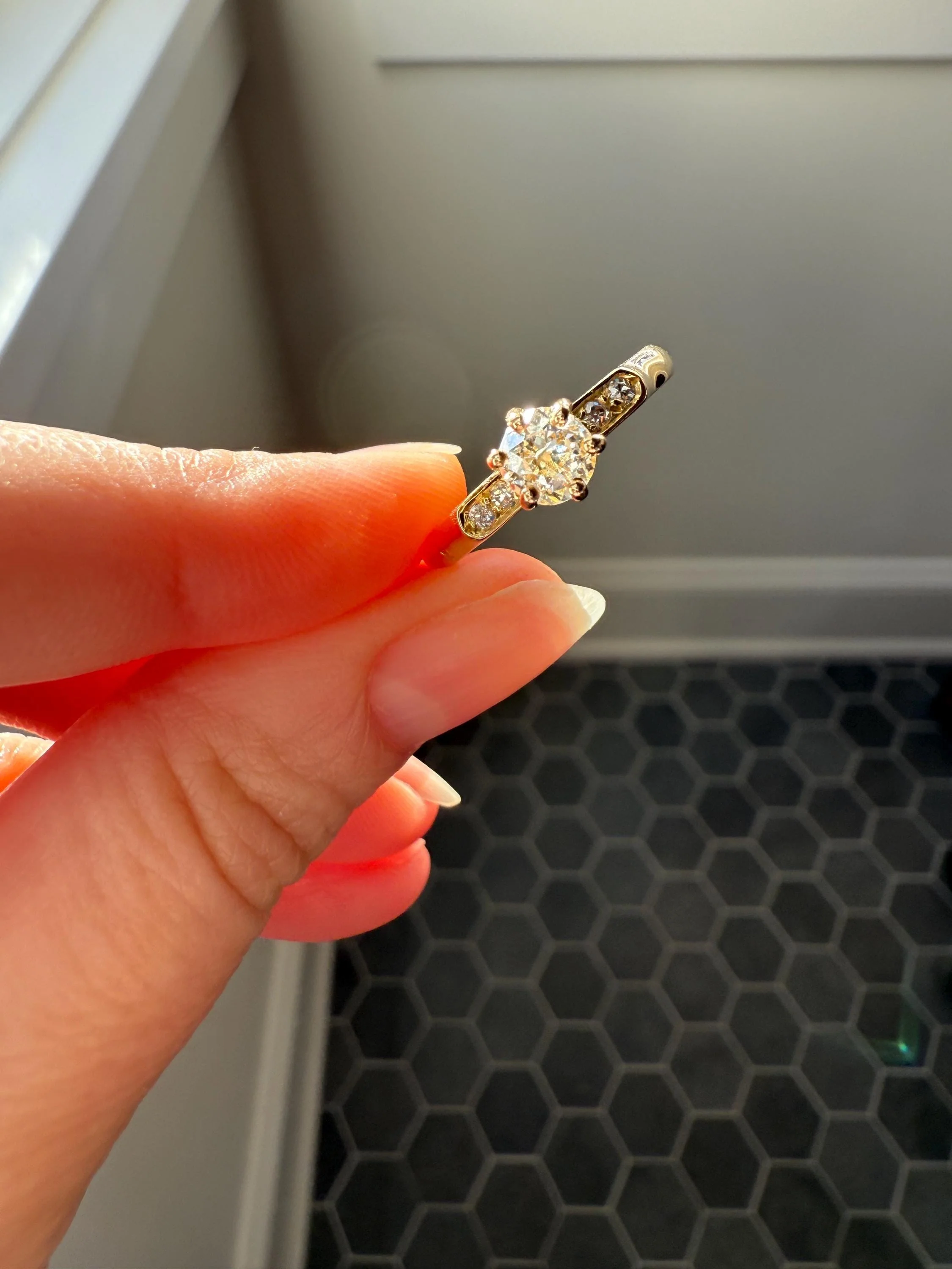 Classic Antique .6 Carat Old Mine Cut Diamond Solitaire & Accents 18k Gold French Victorian Engagement Ring Band Minimalist Stacker OMC - Image 11