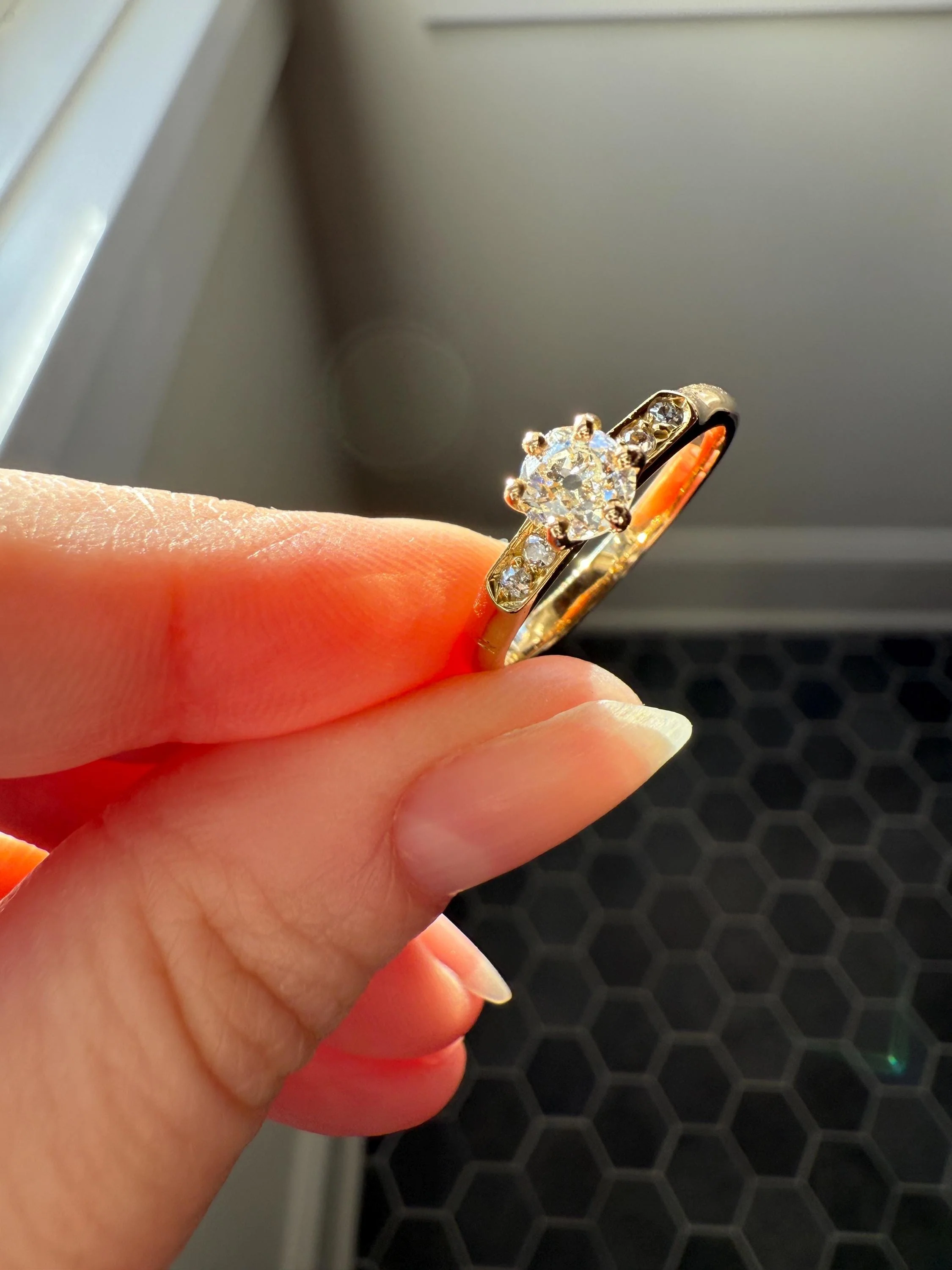 Classic Antique .6 Carat Old Mine Cut Diamond Solitaire & Accents 18k Gold French Victorian Engagement Ring Band Minimalist Stacker OMC - Image 2