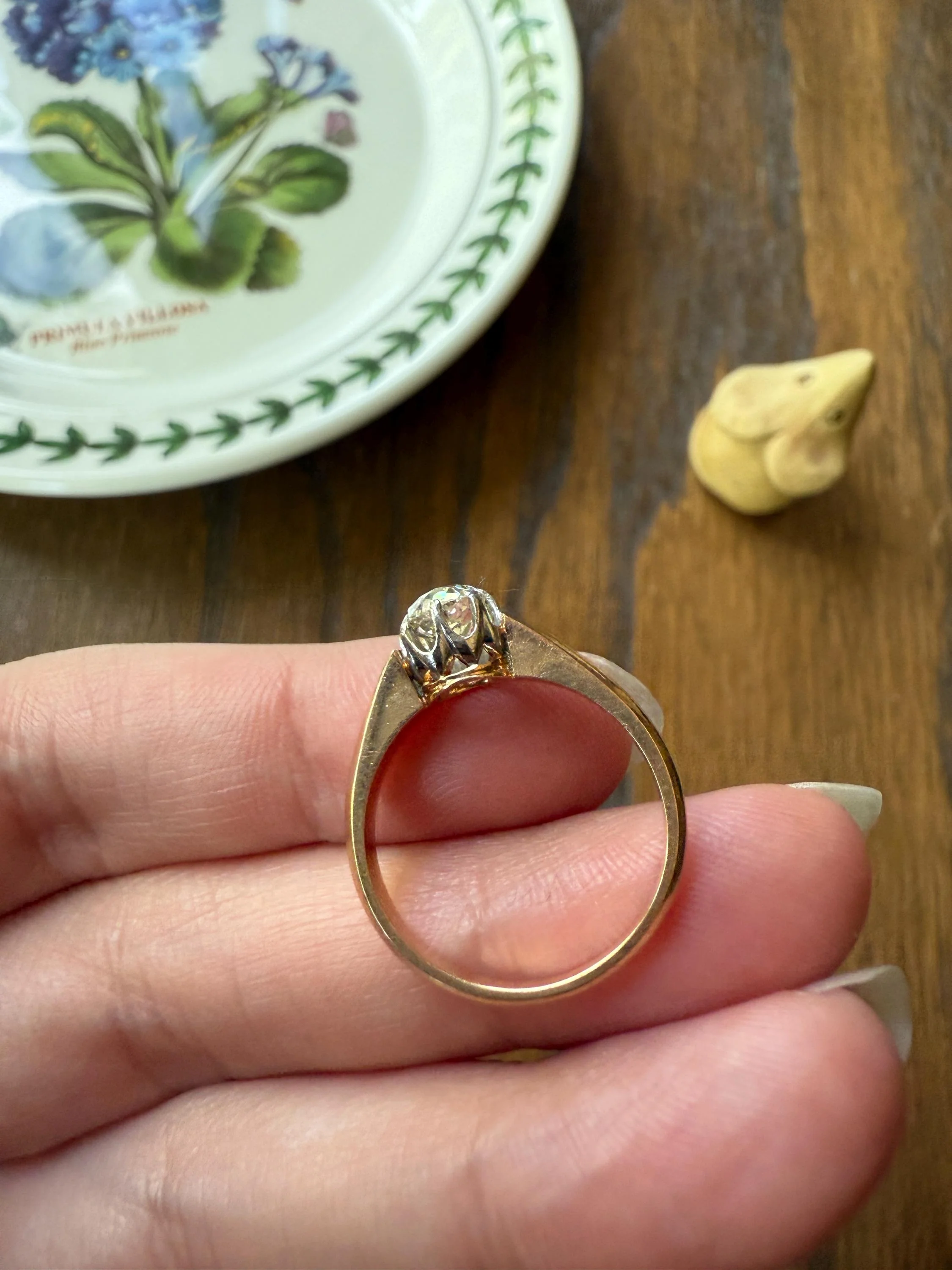Classic Antique .75 Carat Eye Clean Old Mine Cut Diamond 18k Rosy Gold French Victorian Engagement Ring Solitaire Band Stacker - Image 10