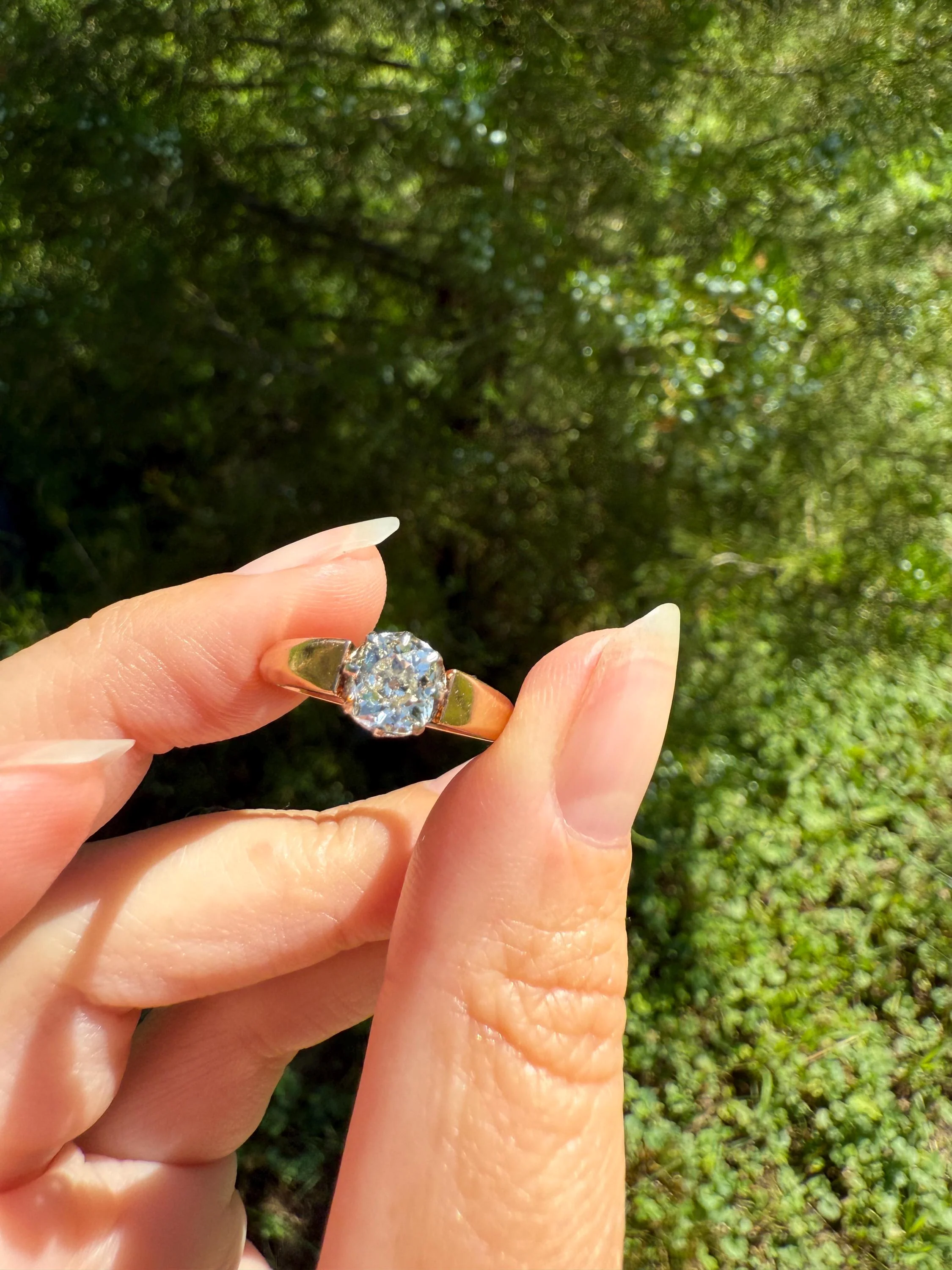 Classic Antique .75 Carat Eye Clean Old Mine Cut Diamond 18k Rosy Gold French Victorian Engagement Ring Solitaire Band Stacker - Image 4