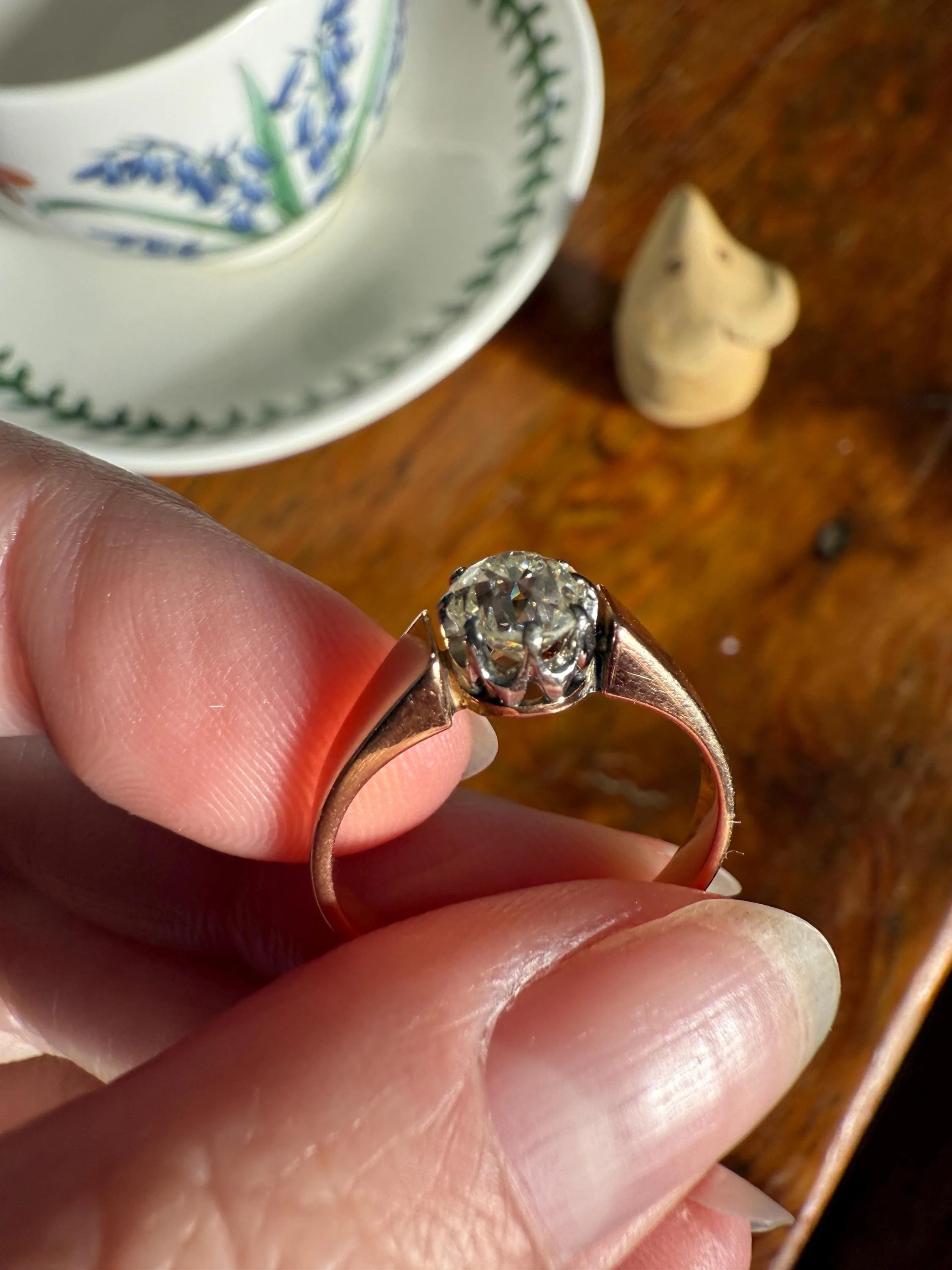 Classic Antique .87 Carat Eye Clean Old Mine Cut Diamond 18k Rosy Gold French Victorian Engagement Ring Solitaire Band Stacker - Image 10