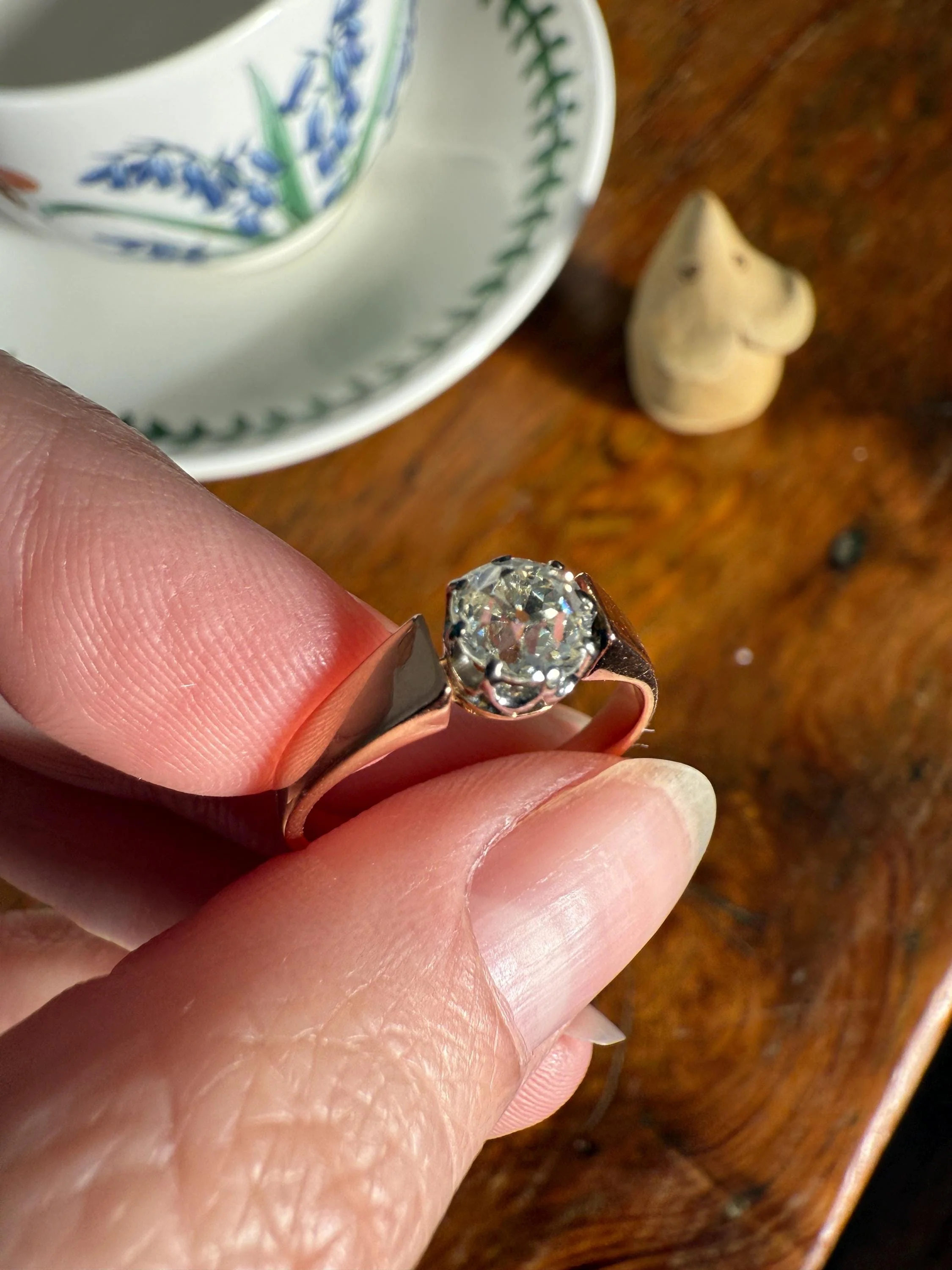 Classic Antique .87 Carat Eye Clean Old Mine Cut Diamond 18k Rosy Gold French Victorian Engagement Ring Solitaire Band Stacker - Image 11