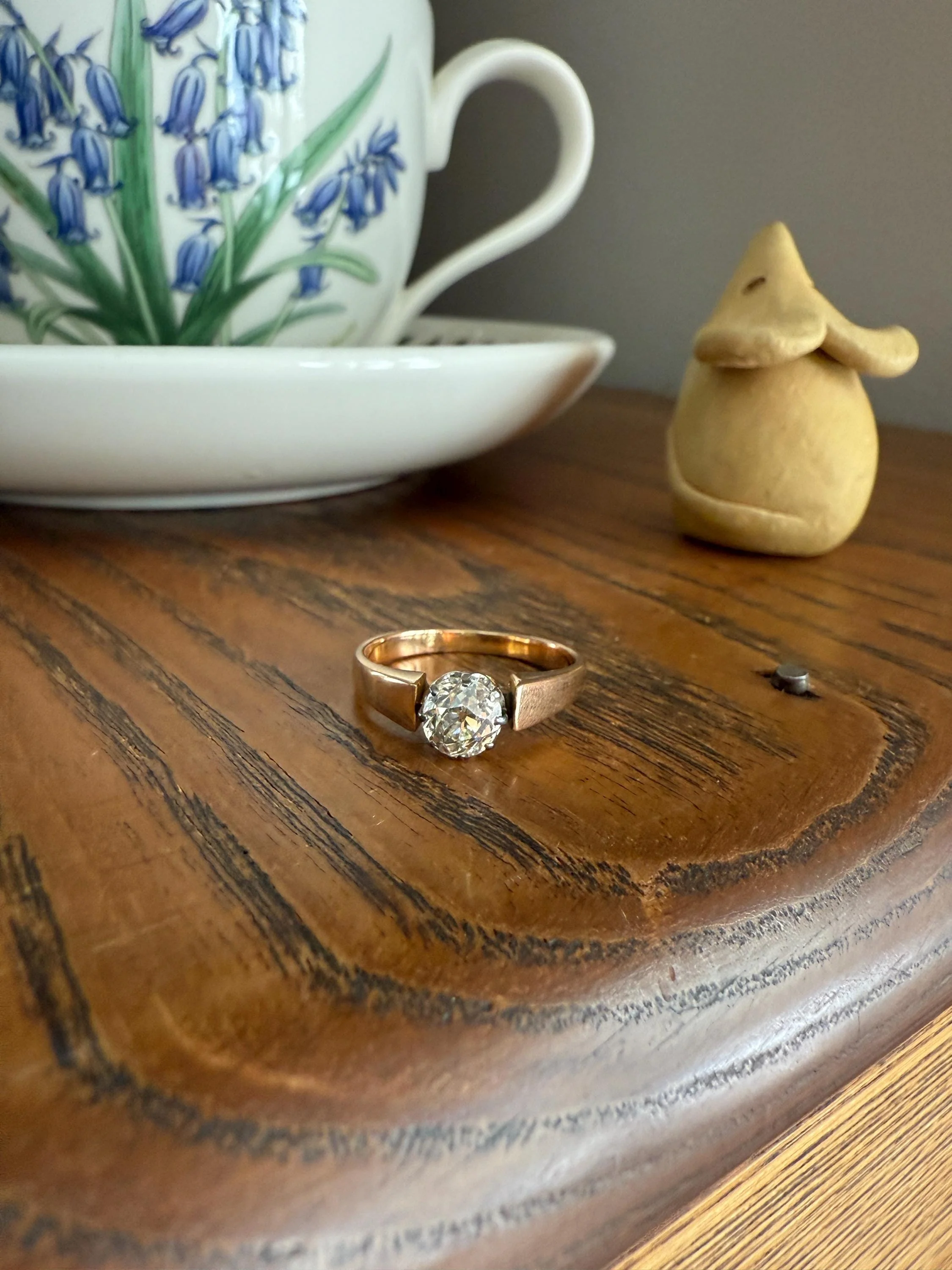 Classic Antique .87 Carat Eye Clean Old Mine Cut Diamond 18k Rosy Gold French Victorian Engagement Ring Solitaire Band Stacker - Image 16