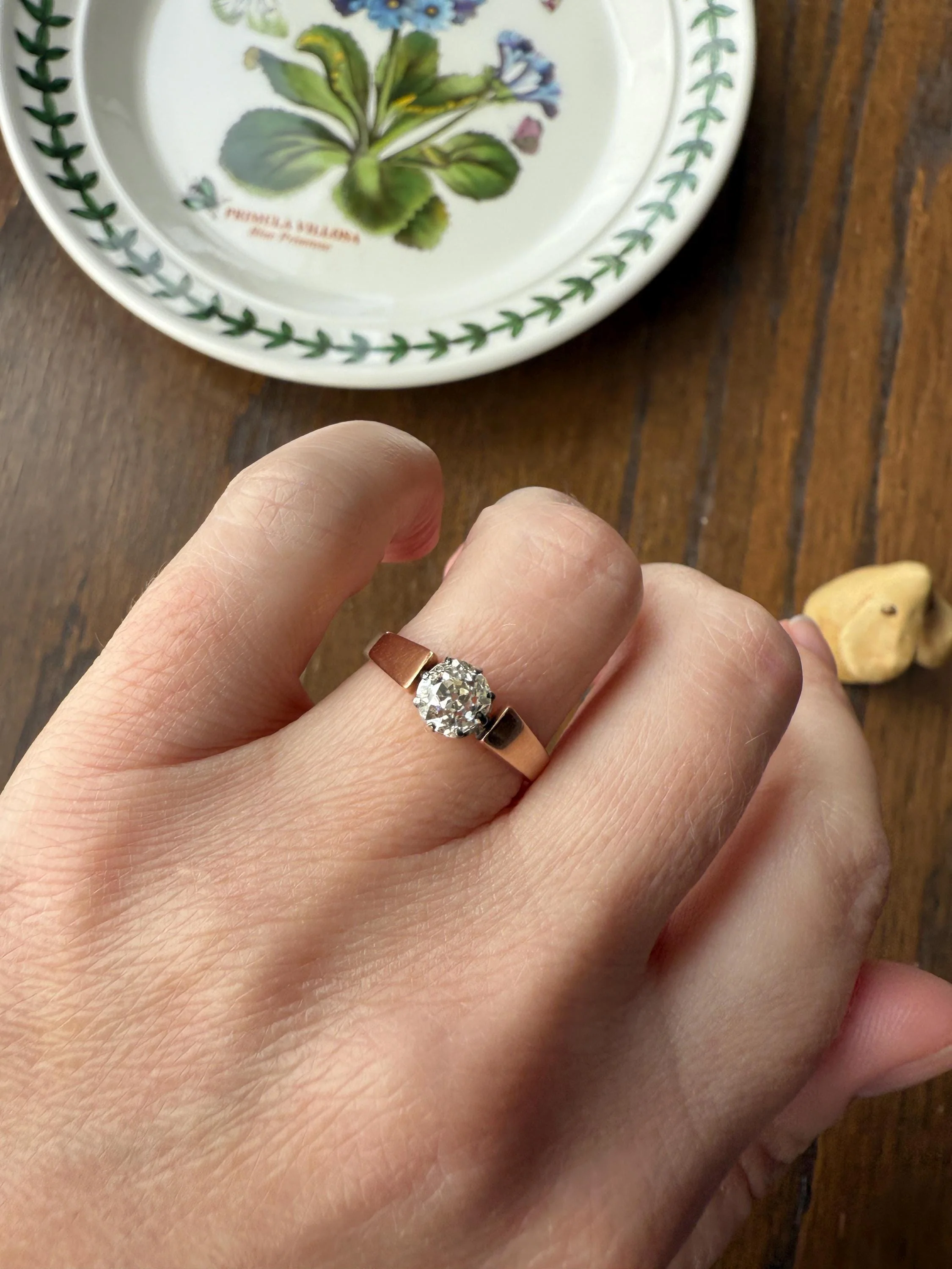 Classic Antique .87 Carat Eye Clean Old Mine Cut Diamond 18k Rosy Gold French Victorian Engagement Ring Solitaire Band Stacker - Image 4