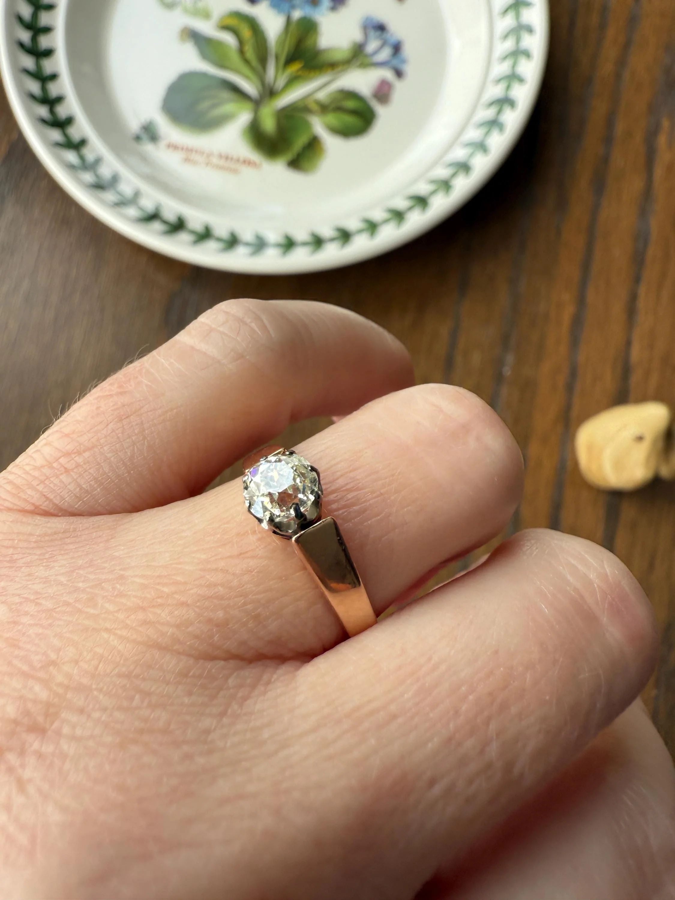 Classic Antique .87 Carat Eye Clean Old Mine Cut Diamond 18k Rosy Gold French Victorian Engagement Ring Solitaire Band Stacker - Image 7