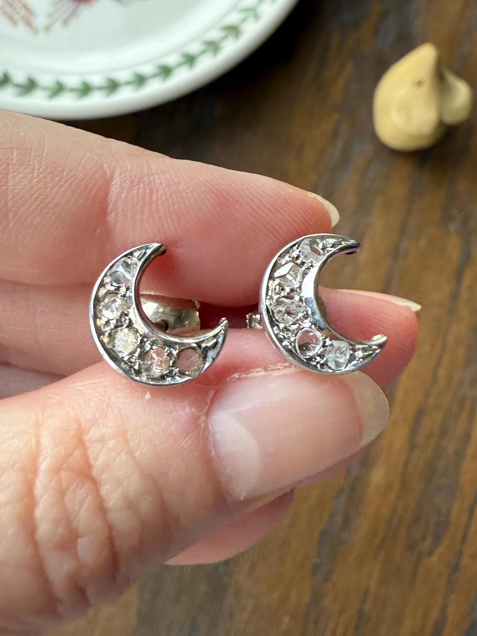 Crescent MOON French Vintage to Art Deco Rose Cut Diamond Figural Stud Earrings 18k White Gold Unique Celestial Gift Earstack