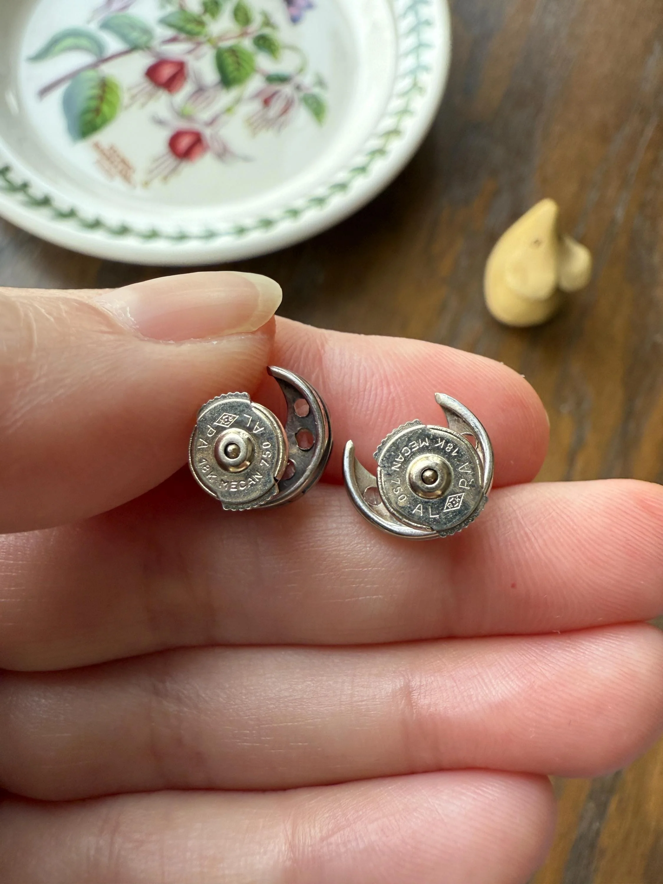 Crescent MOON French Vintage to Art Deco Rose Cut Diamond Figural Stud Earrings 18k White Gold Unique Celestial Gift Earstack - Image 10