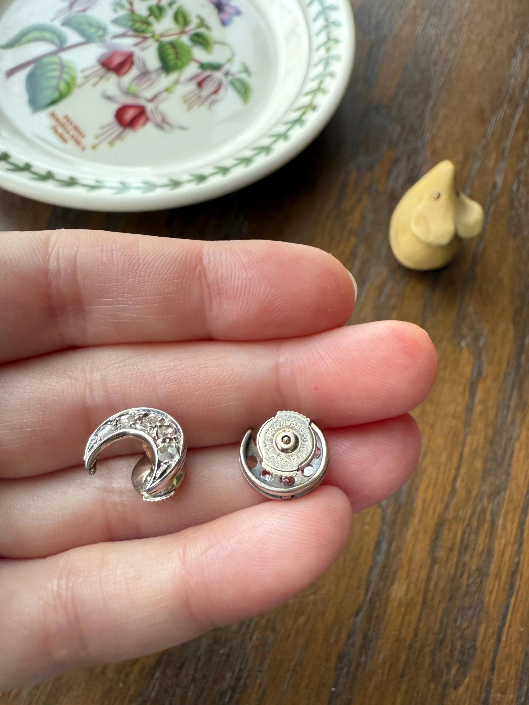 Crescent MOON French Vintage to Art Deco Rose Cut Diamond Figural Stud Earrings 18k White Gold Unique Celestial Gift Earstack - Image 15