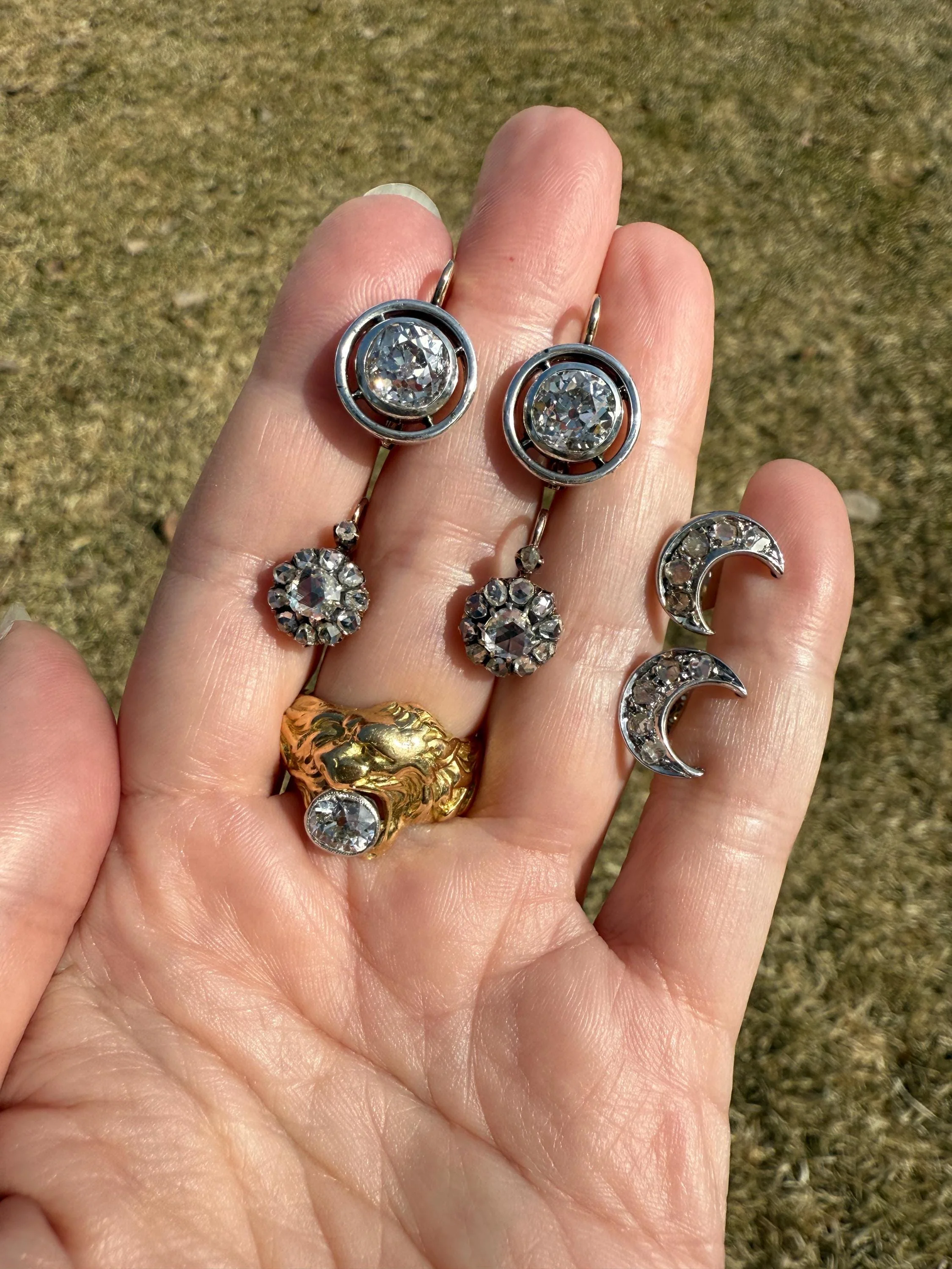 Crescent MOON French Vintage to Art Deco Rose Cut Diamond Figural Stud Earrings 18k White Gold Unique Celestial Gift Earstack - Image 17