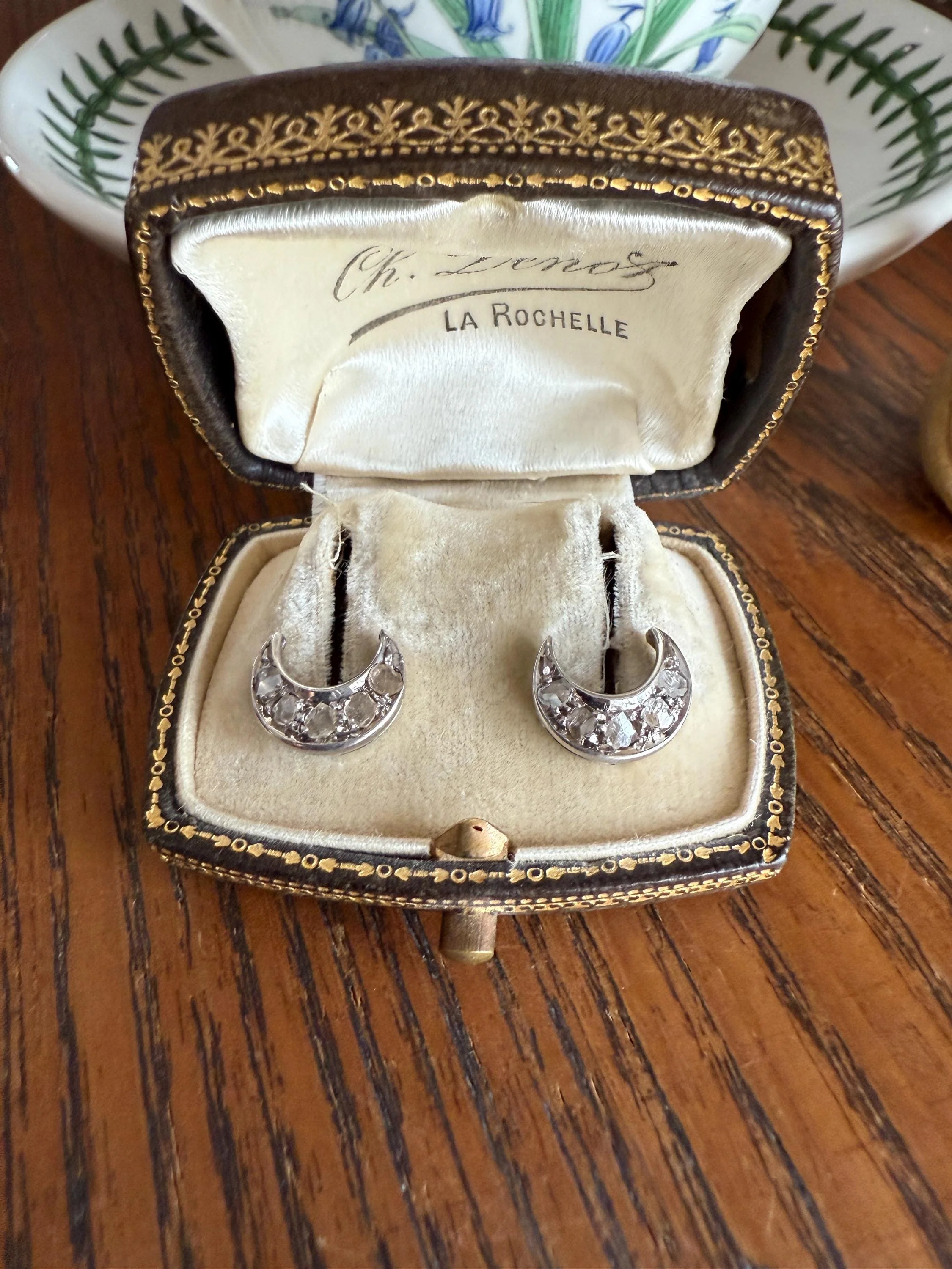 Crescent MOON French Vintage to Art Deco Rose Cut Diamond Figural Stud Earrings 18k White Gold Unique Celestial Gift Earstack - Image 4