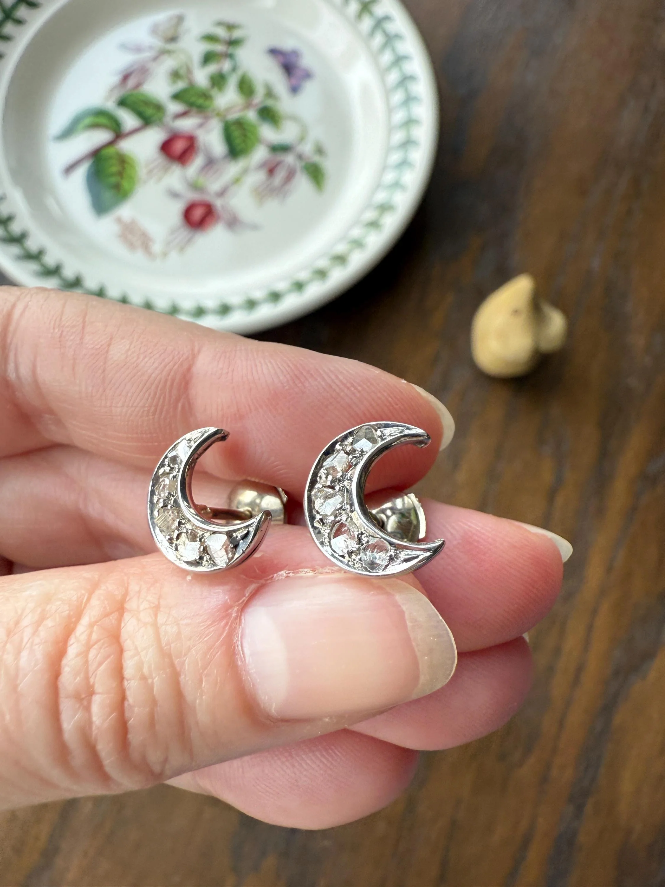 Crescent MOON French Vintage to Art Deco Rose Cut Diamond Figural Stud Earrings 18k White Gold Unique Celestial Gift Earstack - Image 5