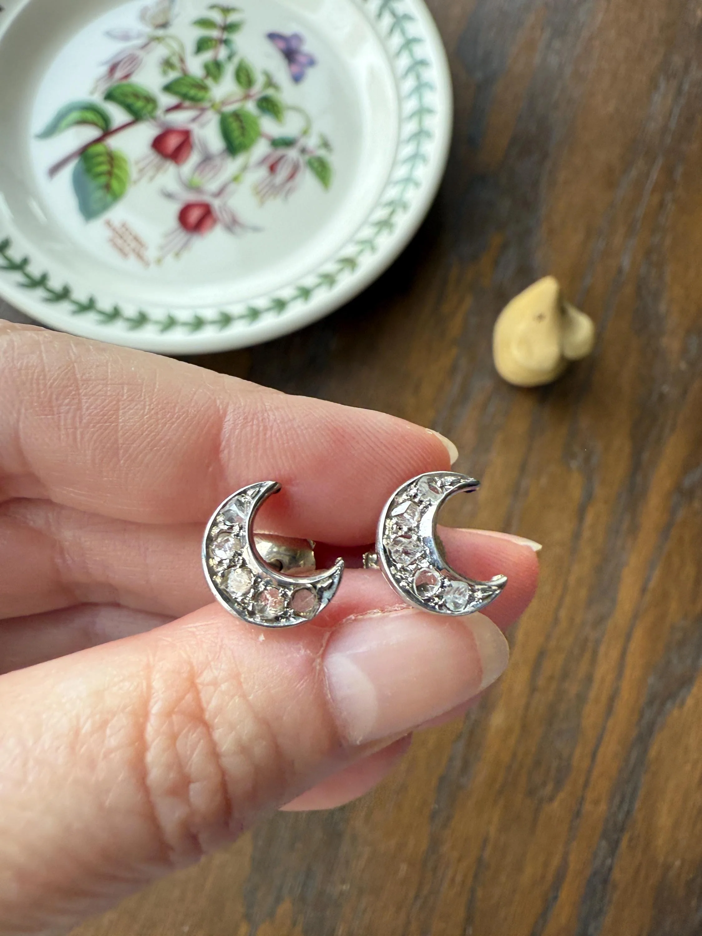 Crescent MOON French Vintage to Art Deco Rose Cut Diamond Figural Stud Earrings 18k White Gold Unique Celestial Gift Earstack - Image 7