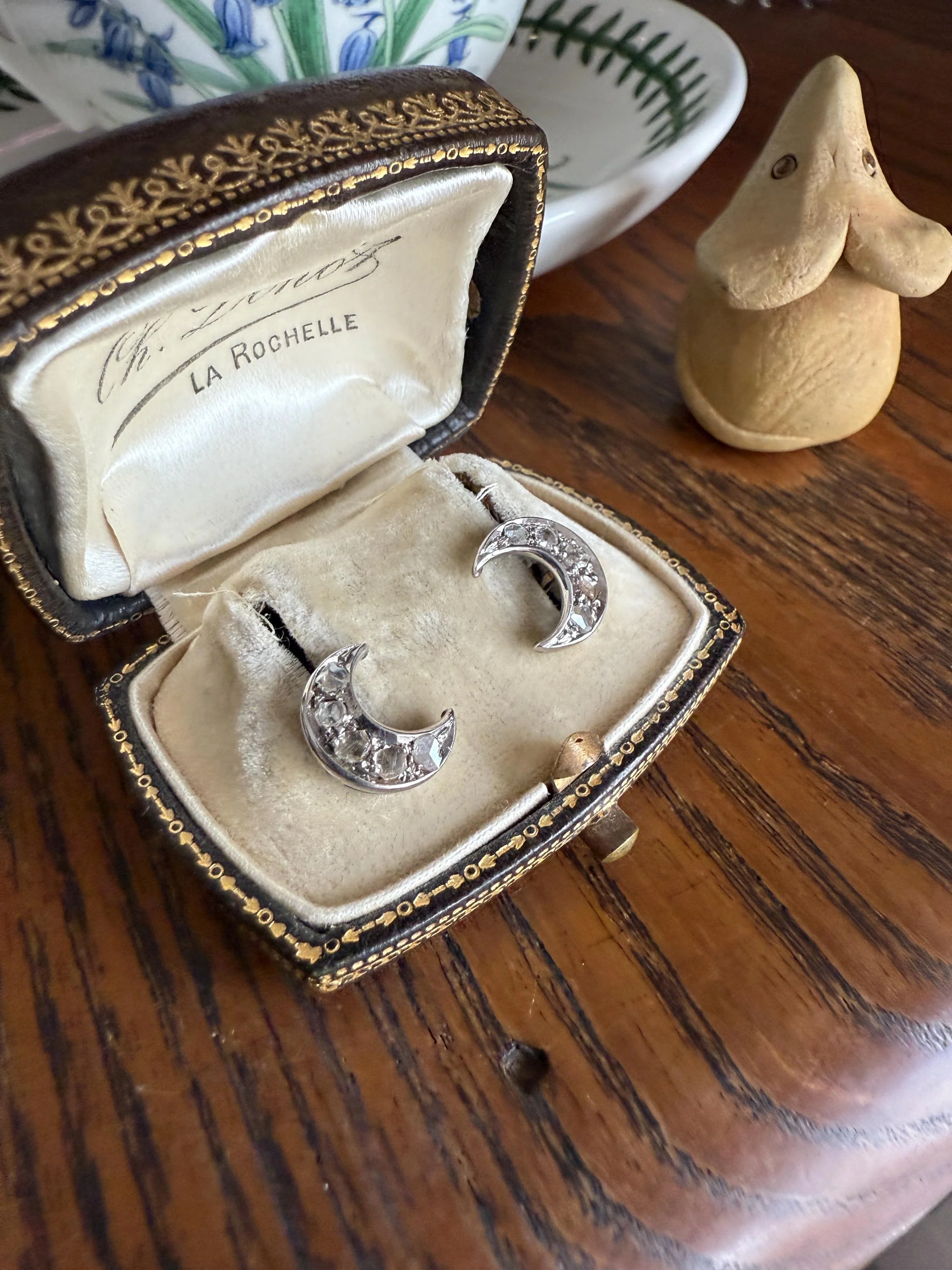 Crescent MOON French Vintage to Art Deco Rose Cut Diamond Figural Stud Earrings 18k White Gold Unique Celestial Gift Earstack - Image 8