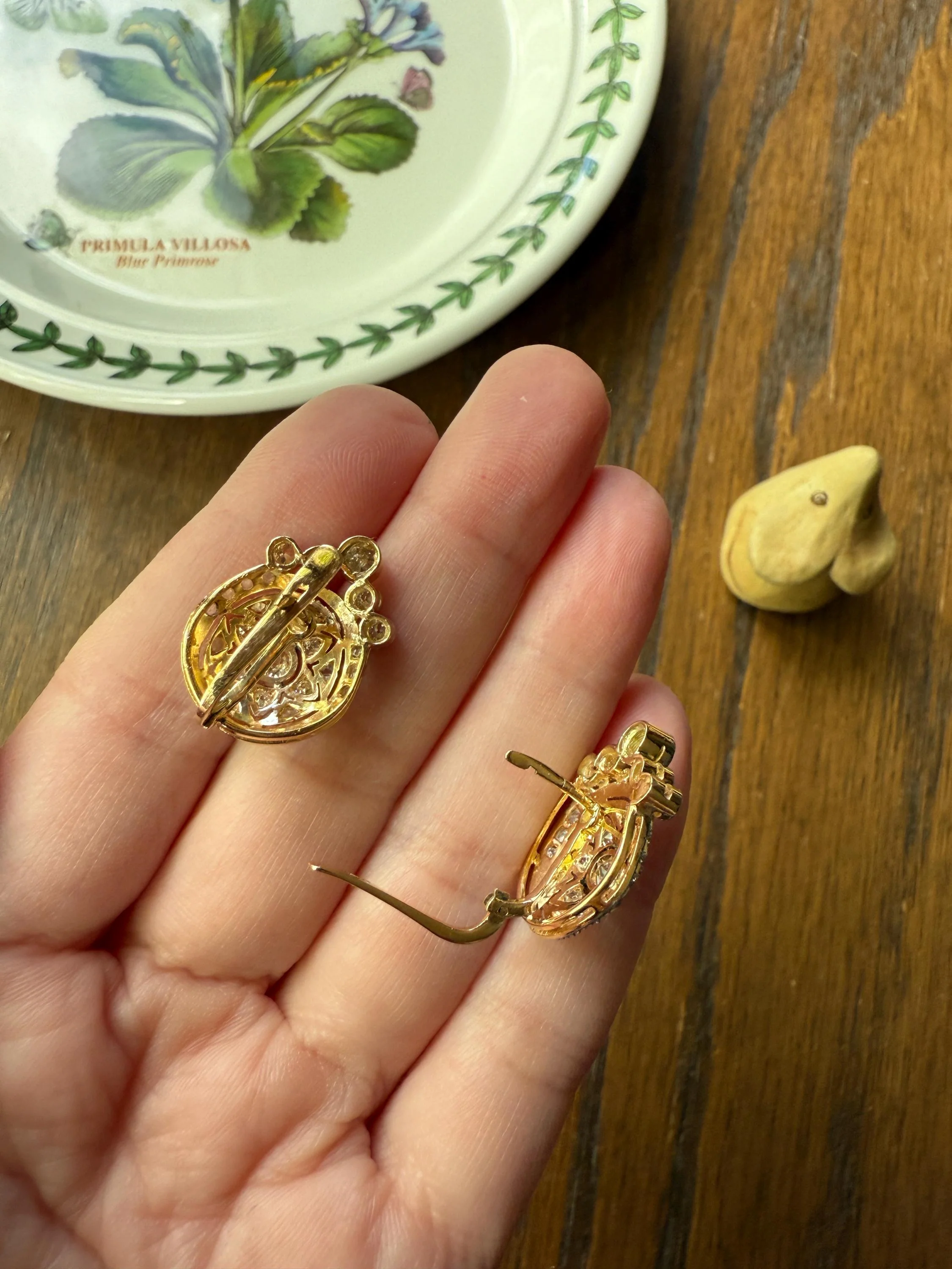Crowned Circle Earrings Large Studs Antique 2.5 Carat Old Mine Rose Cut DIAMOND Cluster 18k Gold Halo Floral Star - Image 10