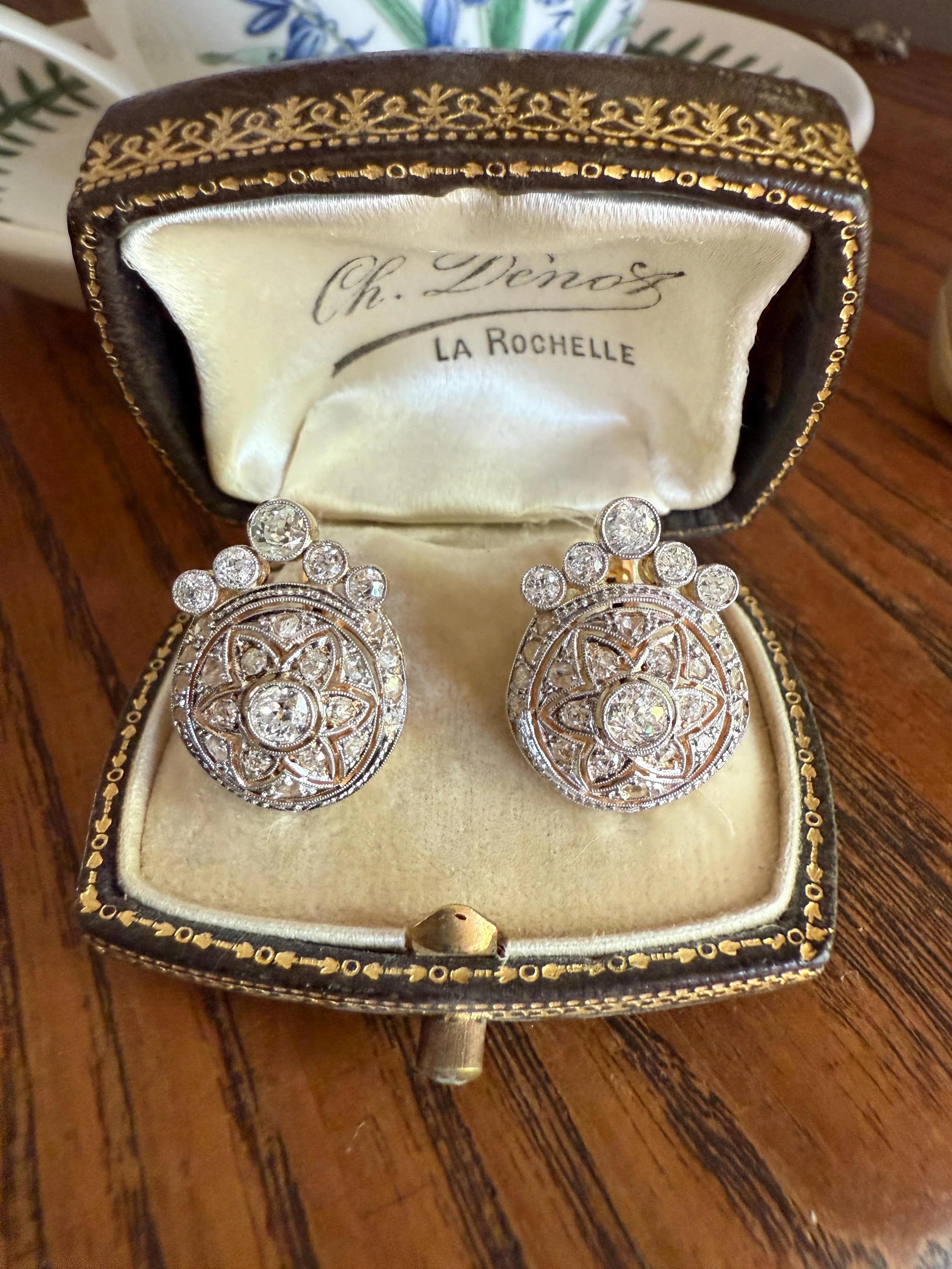 Crowned Circle Earrings Large Studs Antique 2.5 Carat Old Mine Rose Cut DIAMOND Cluster 18k Gold Halo Floral Star - Image 11