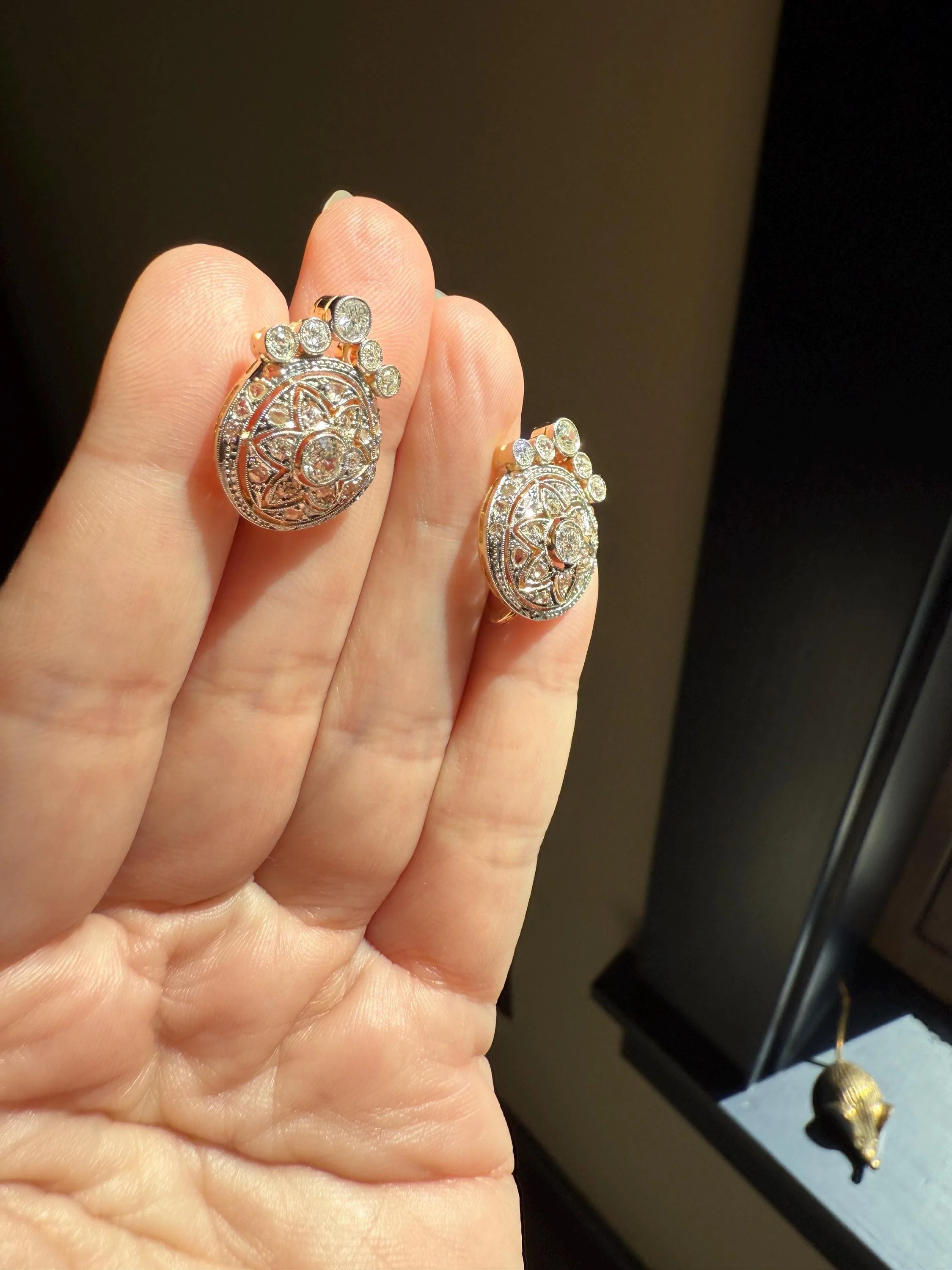 Crowned Circle Earrings Large Studs Antique 2.5 Carat Old Mine Rose Cut DIAMOND Cluster 18k Gold Halo Floral Star - Image 3