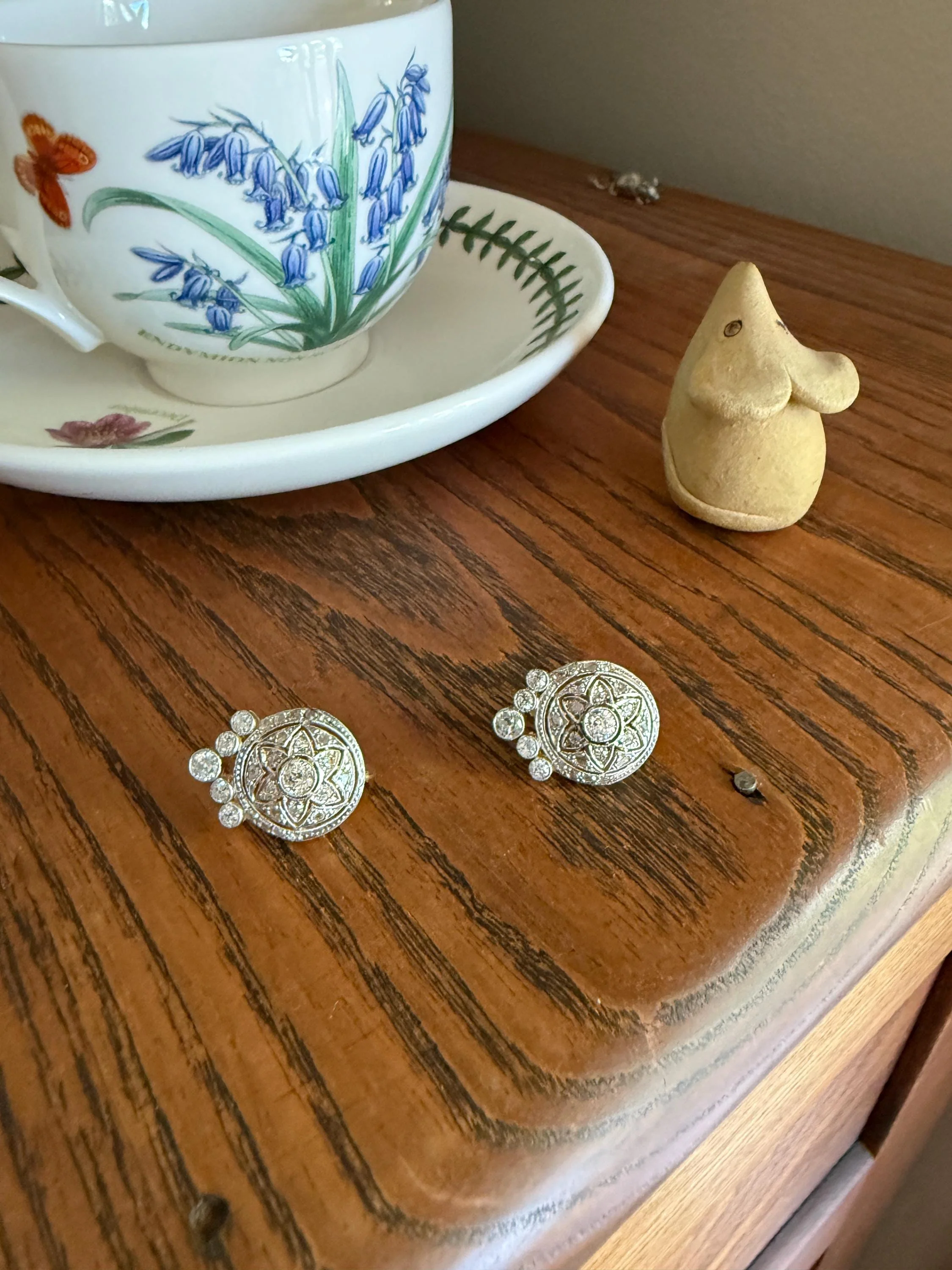 Crowned Circle Earrings Large Studs Antique 2.5 Carat Old Mine Rose Cut DIAMOND Cluster 18k Gold Halo Floral Star - Image 4