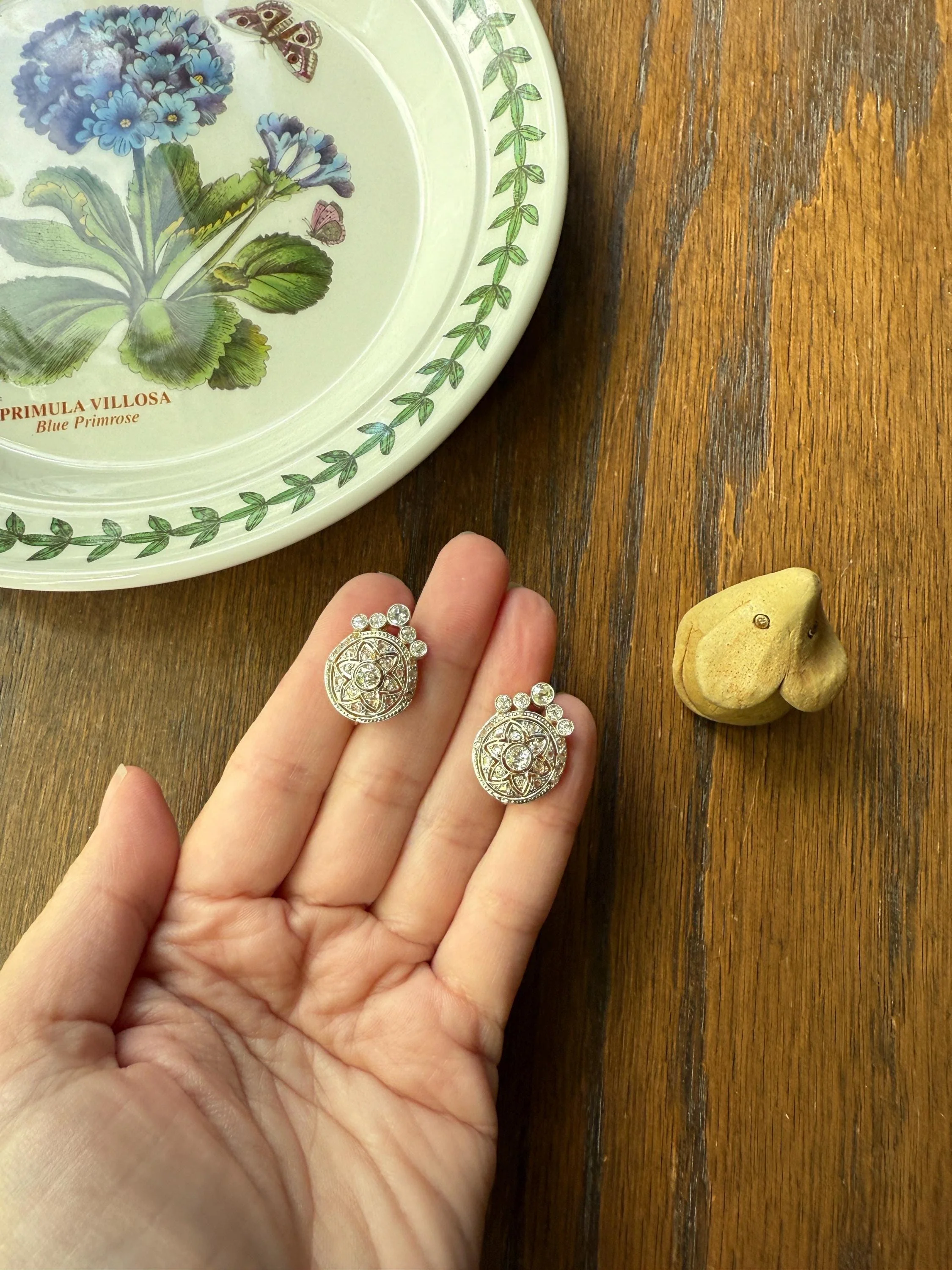 Crowned Circle Earrings Large Studs Antique 2.5 Carat Old Mine Rose Cut DIAMOND Cluster 18k Gold Halo Floral Star - Image 7