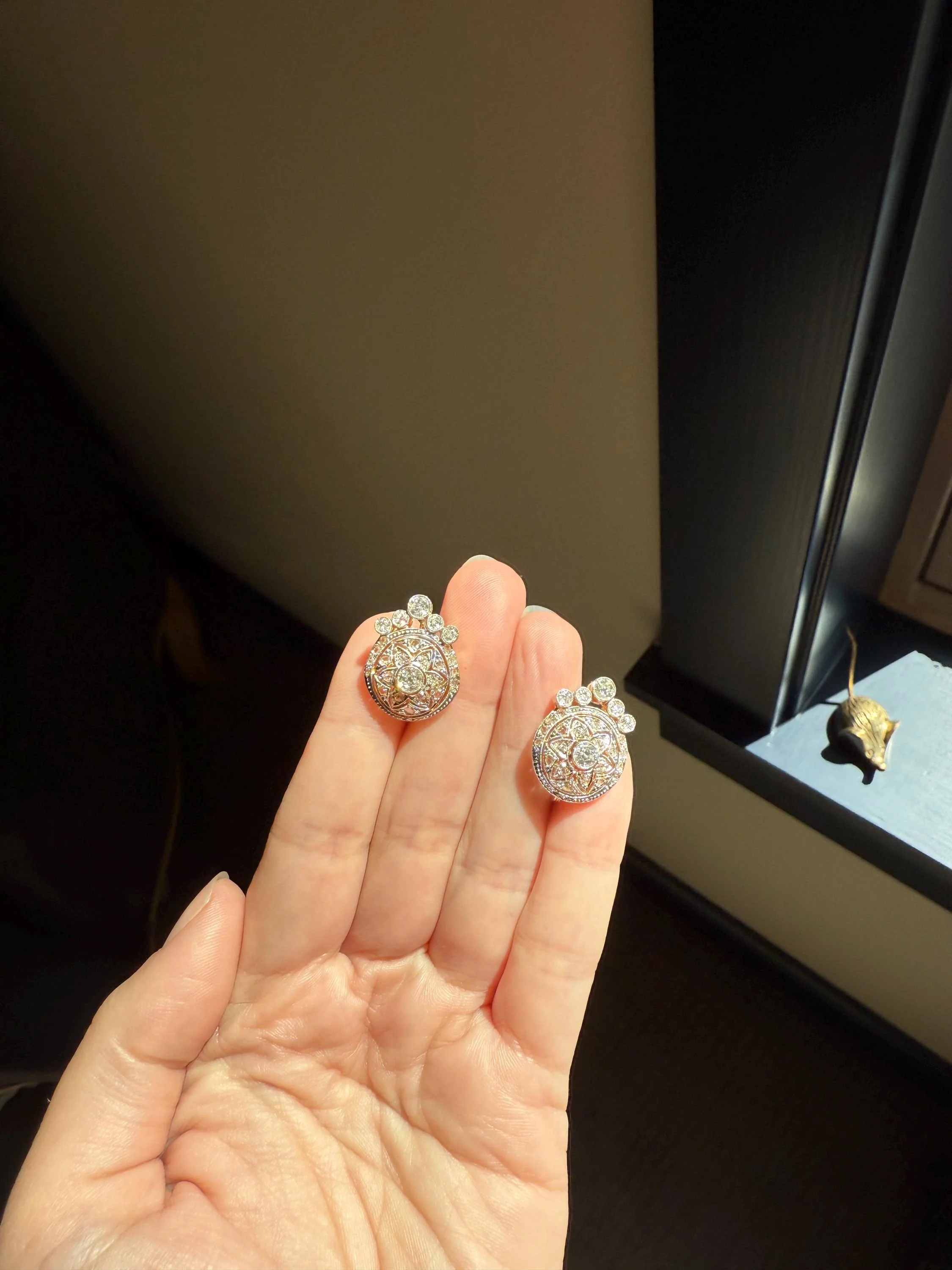Crowned Circle Earrings Large Studs Antique 2.5 Carat Old Mine Rose Cut DIAMOND Cluster 18k Gold Halo Floral Star - Image 8