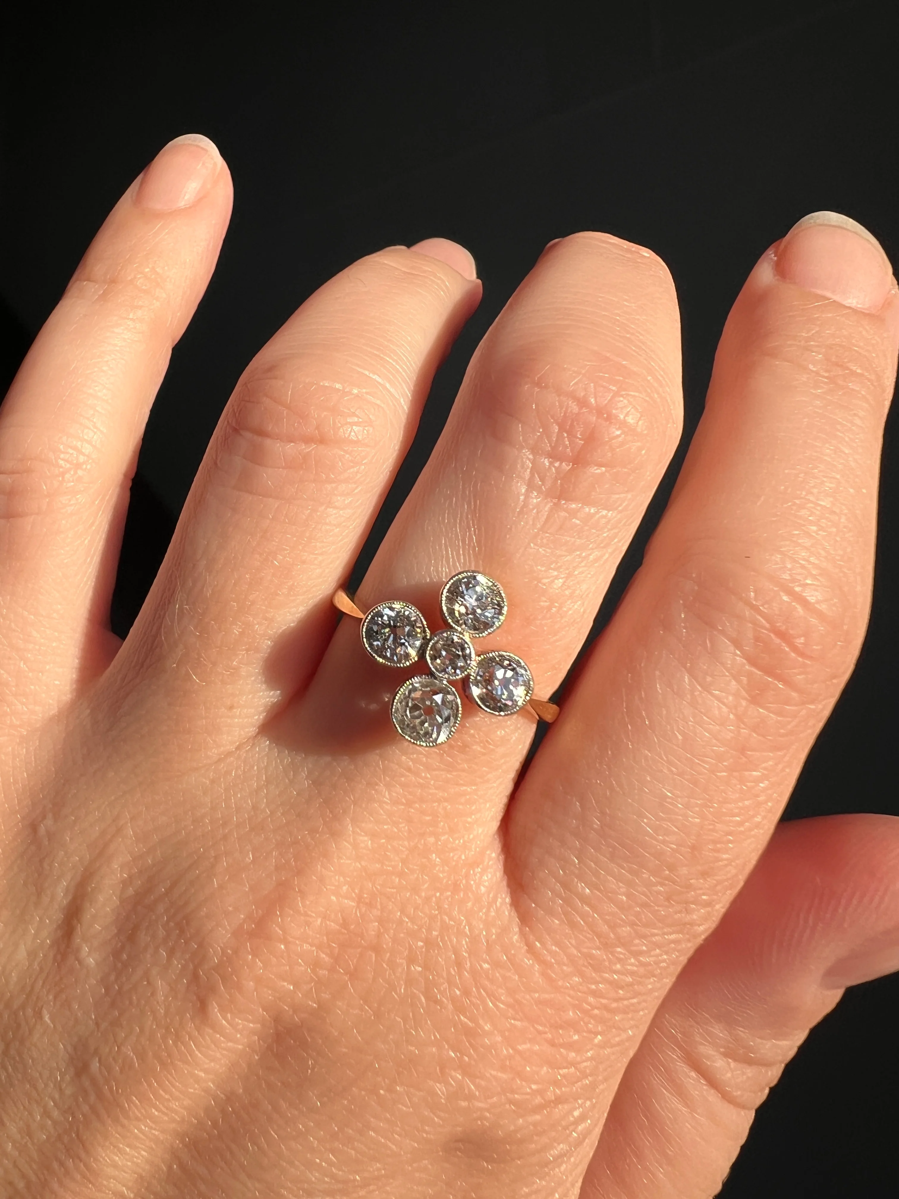 CRUCIFORM 1.25 Carat Old Mine Cut DIAMOND Ring Antique EDWARDIAN 18k Gold Platinum Five Stone - Image 11