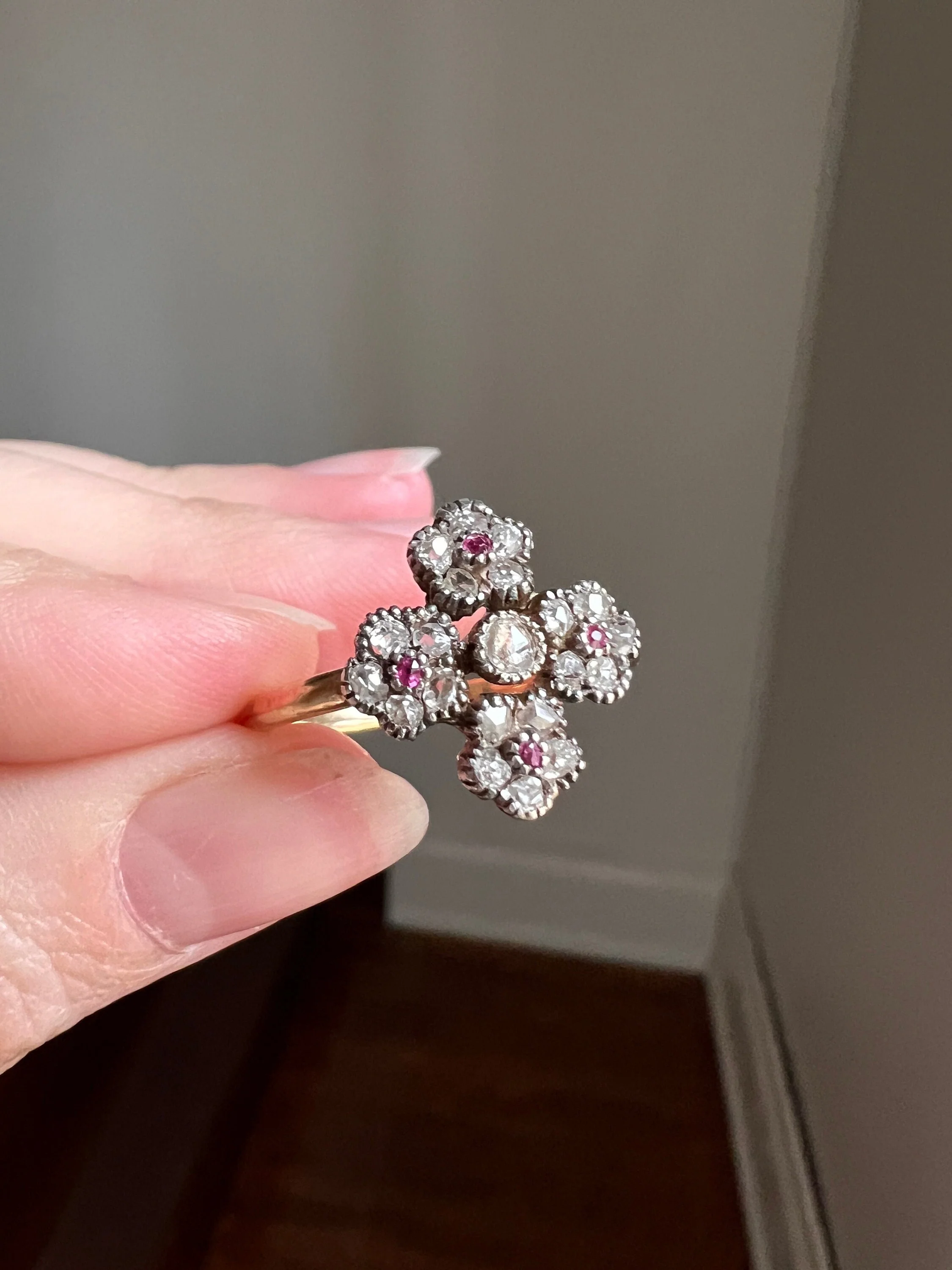 Cruciform FLORAL Rose Old Mine Cut DIAMOND Encrusted Ring Ruby Center French Georgian Victorian Antique 18k Gold
