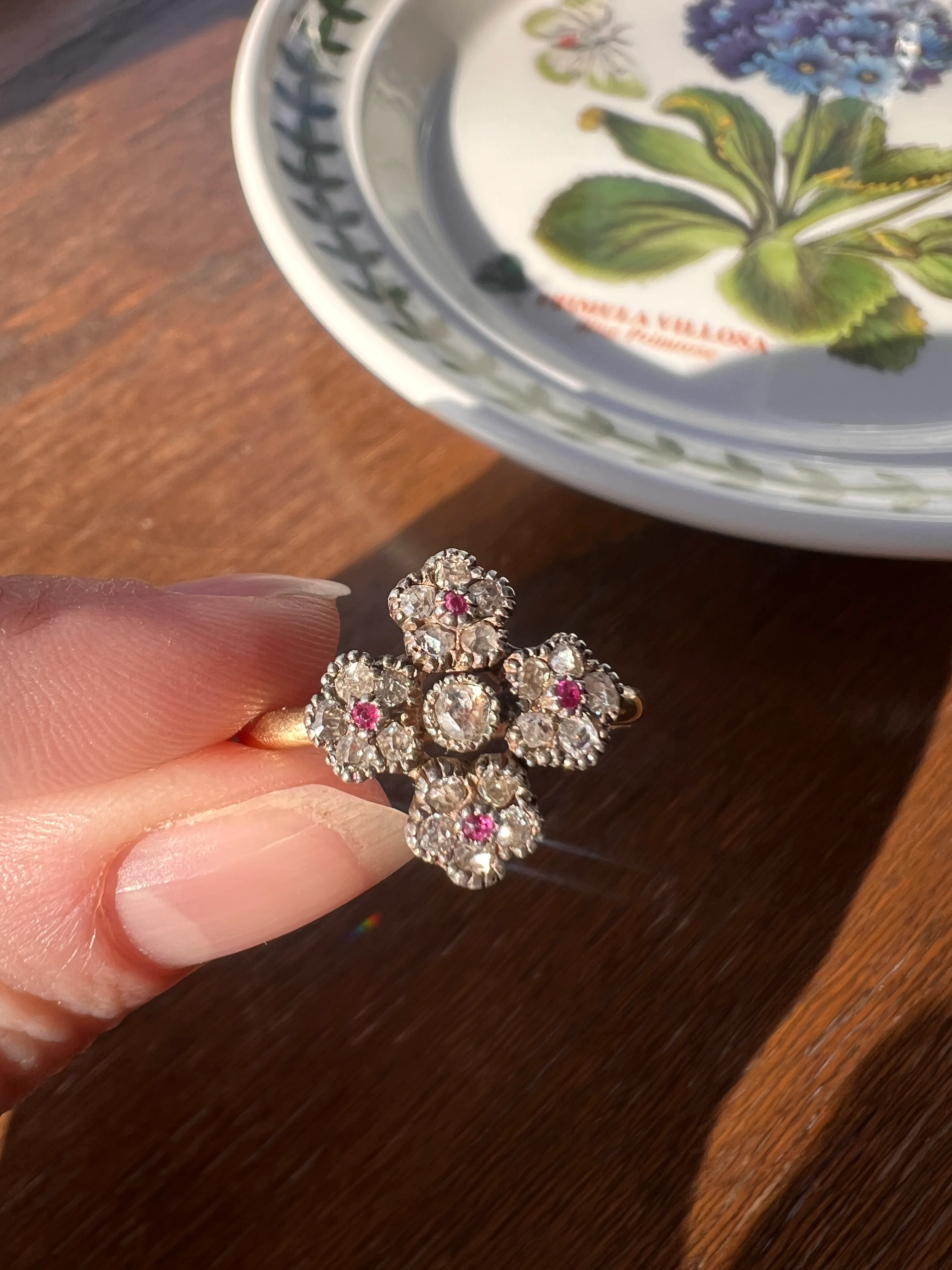Cruciform FLORAL Rose Old Mine Cut DIAMOND Encrusted Ring Ruby Center French Georgian Victorian Antique 18k Gold - Image 2