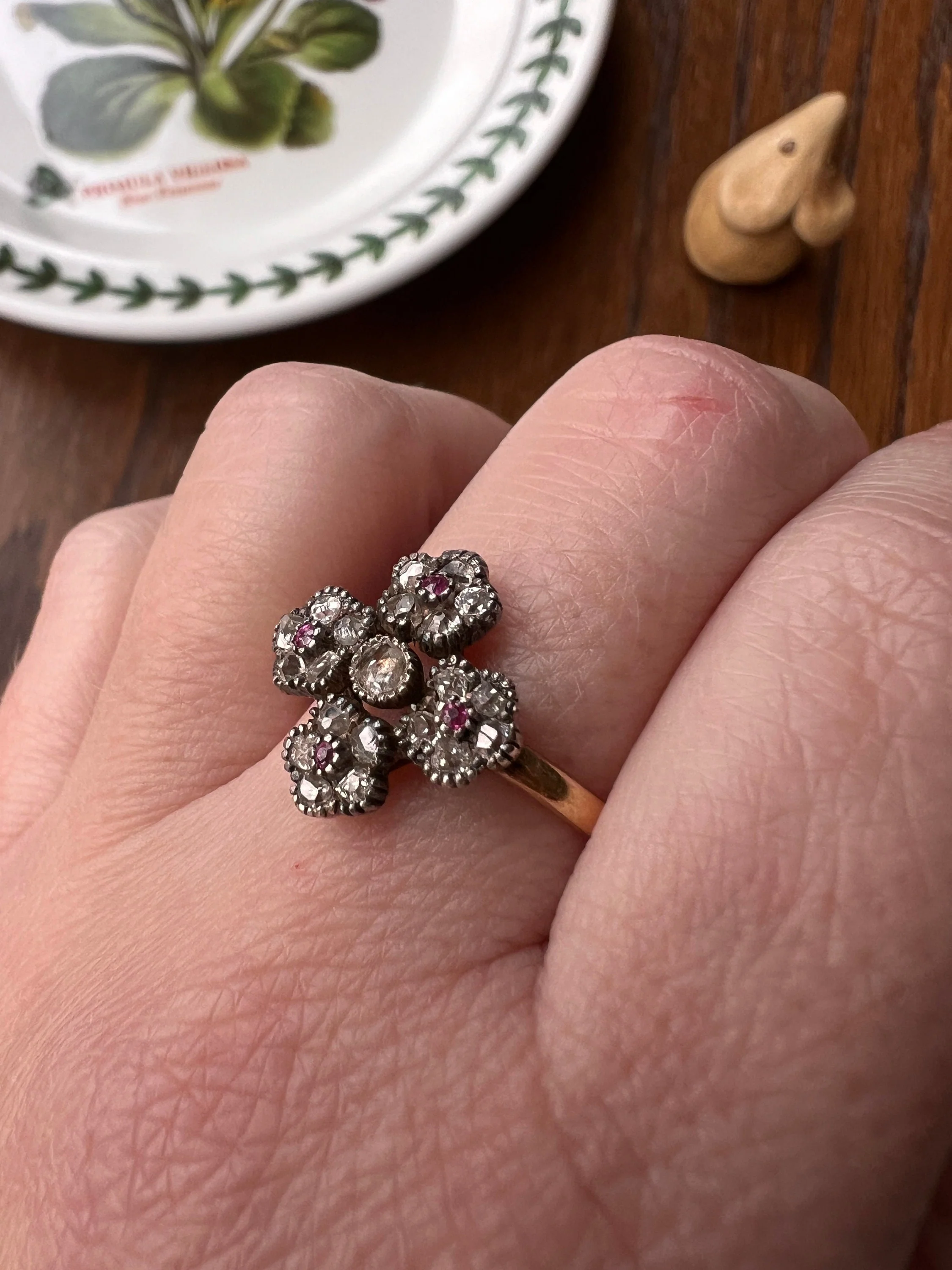 Cruciform FLORAL Rose Old Mine Cut DIAMOND Encrusted Ring Ruby Center French Georgian Victorian Antique 18k Gold - Image 3