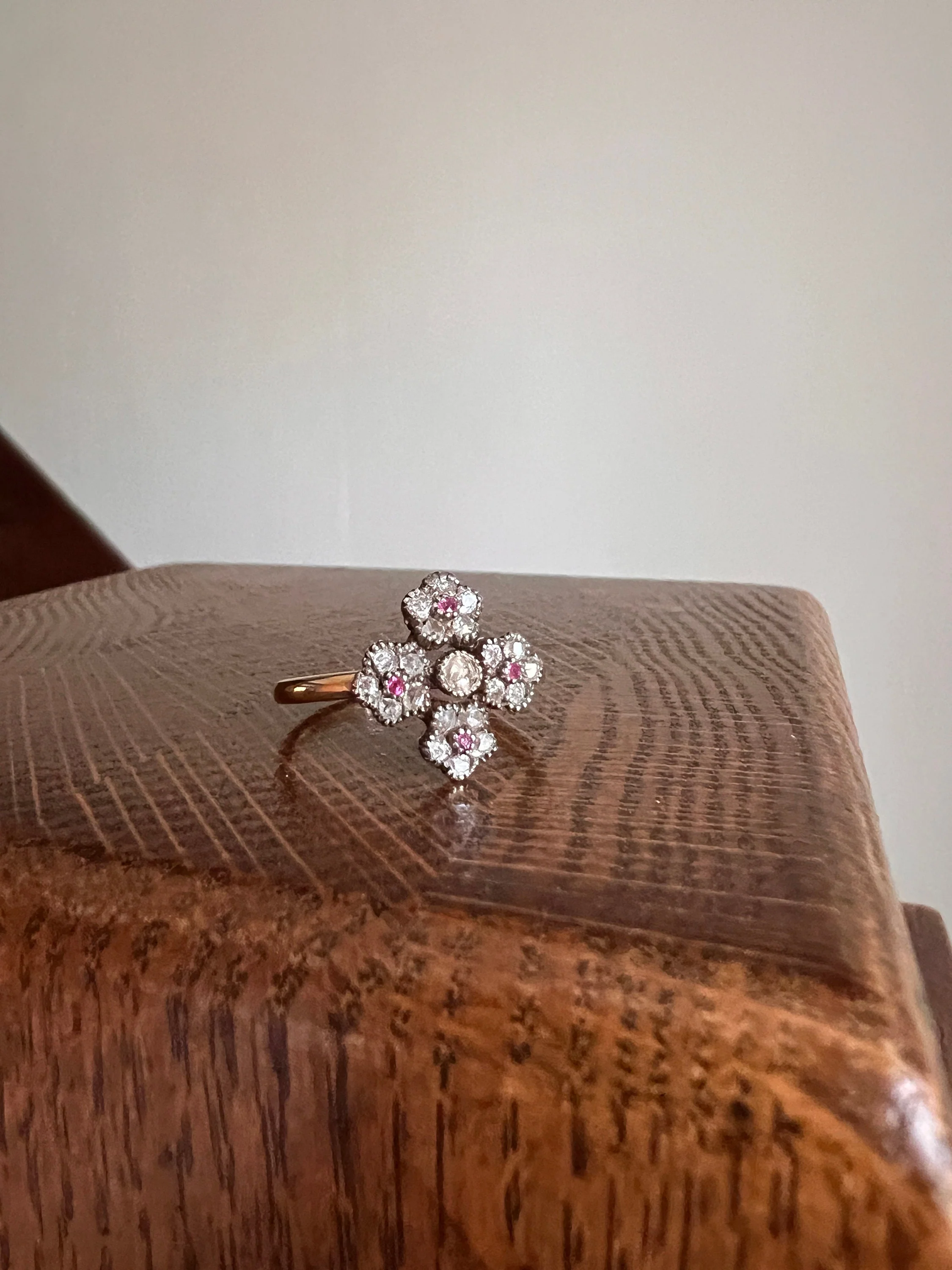 Cruciform FLORAL Rose Old Mine Cut DIAMOND Encrusted Ring Ruby Center French Georgian Victorian Antique 18k Gold - Image 4