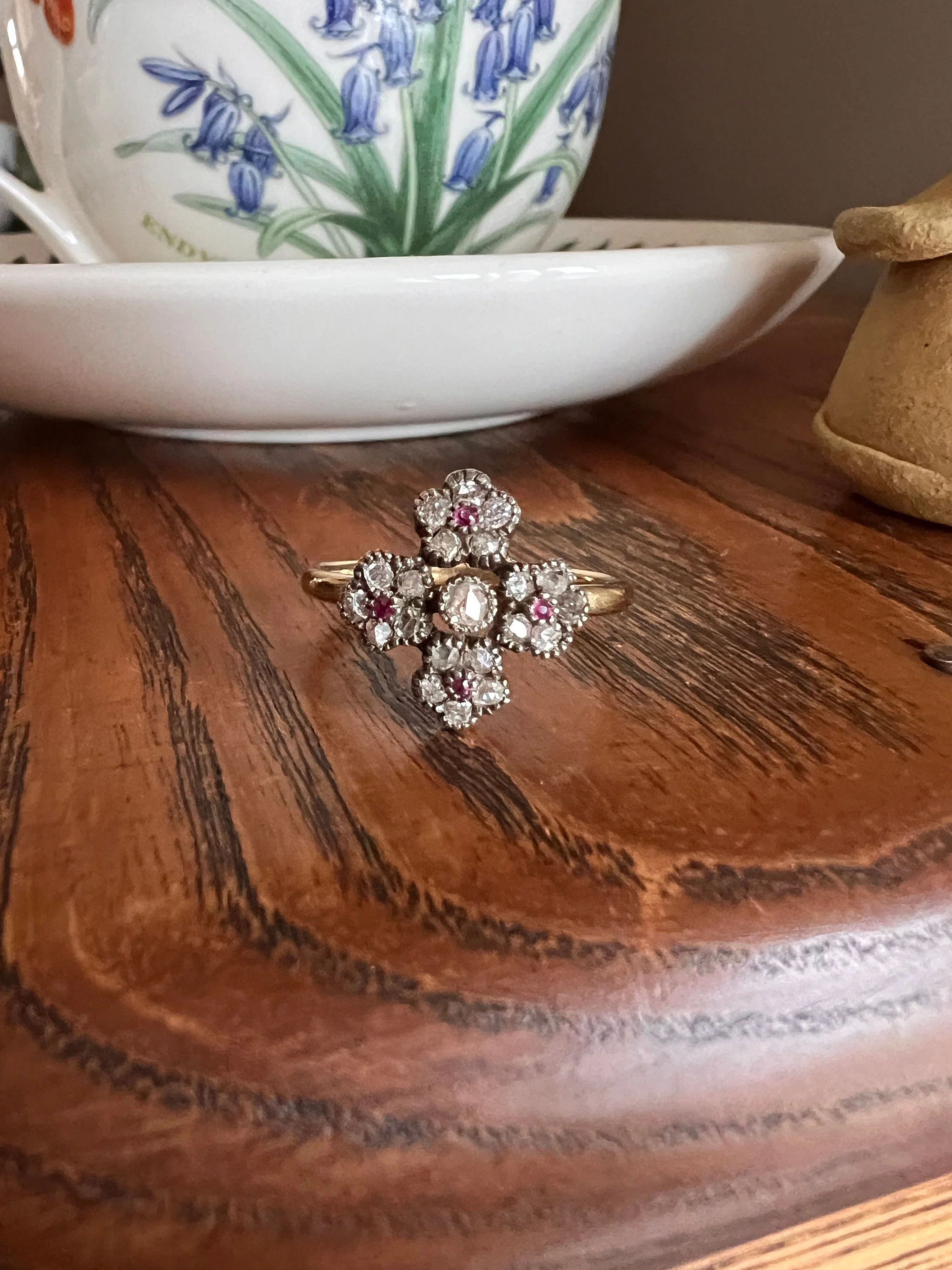Cruciform FLORAL Rose Old Mine Cut DIAMOND Encrusted Ring Ruby Center French Georgian Victorian Antique 18k Gold - Image 6