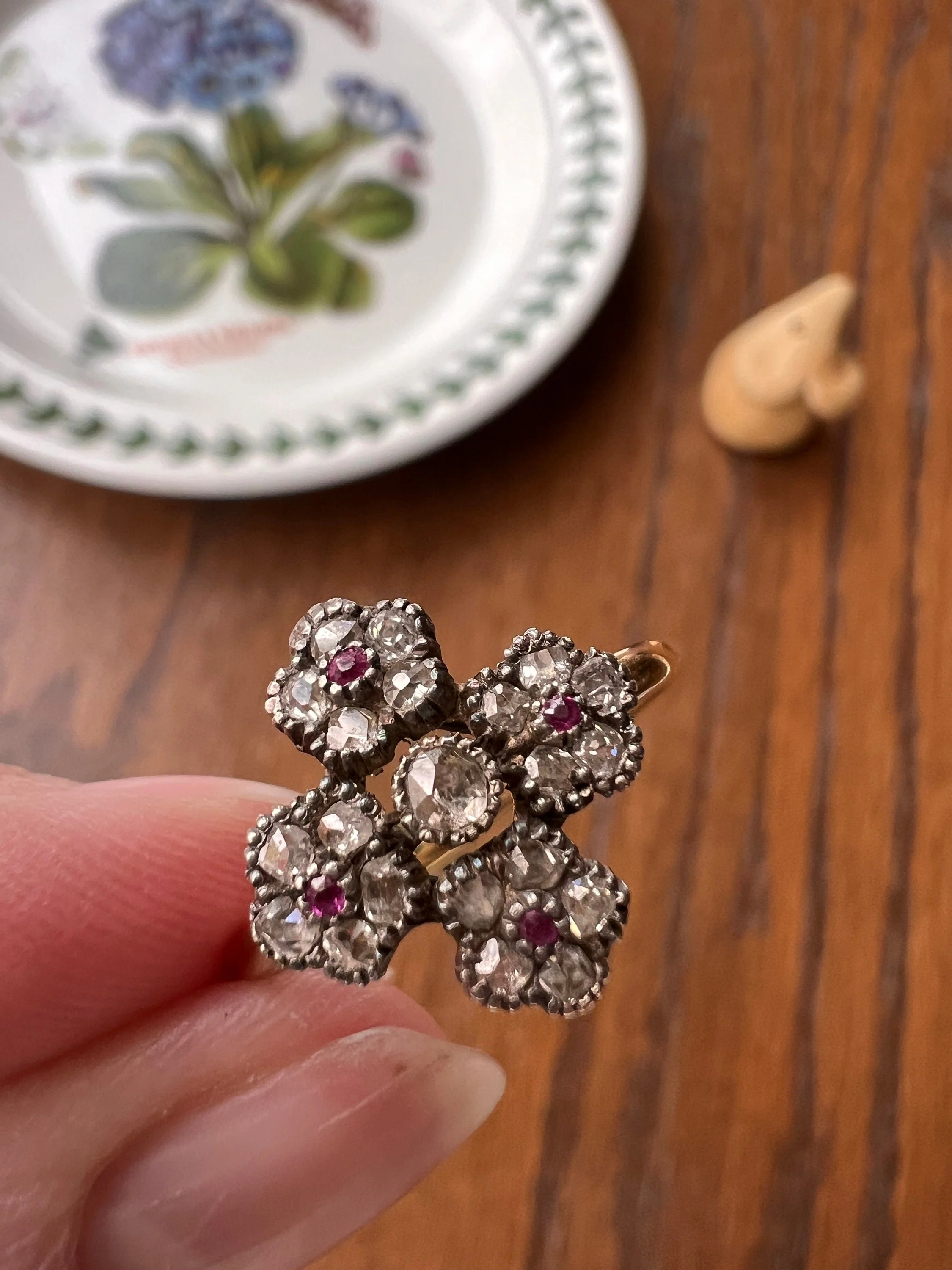 Cruciform FLORAL Rose Old Mine Cut DIAMOND Encrusted Ring Ruby Center French Georgian Victorian Antique 18k Gold - Image 8