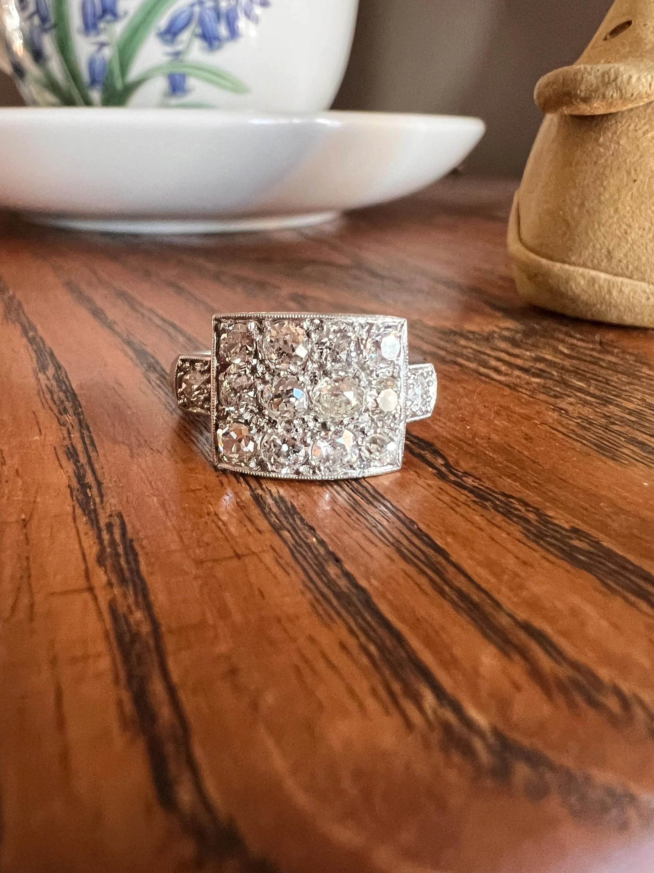 Two Carat 14 Old Mine Cut DIAMOND Curved Cluster Grid Ring French Antique Platinum Cobblestone - Image 11