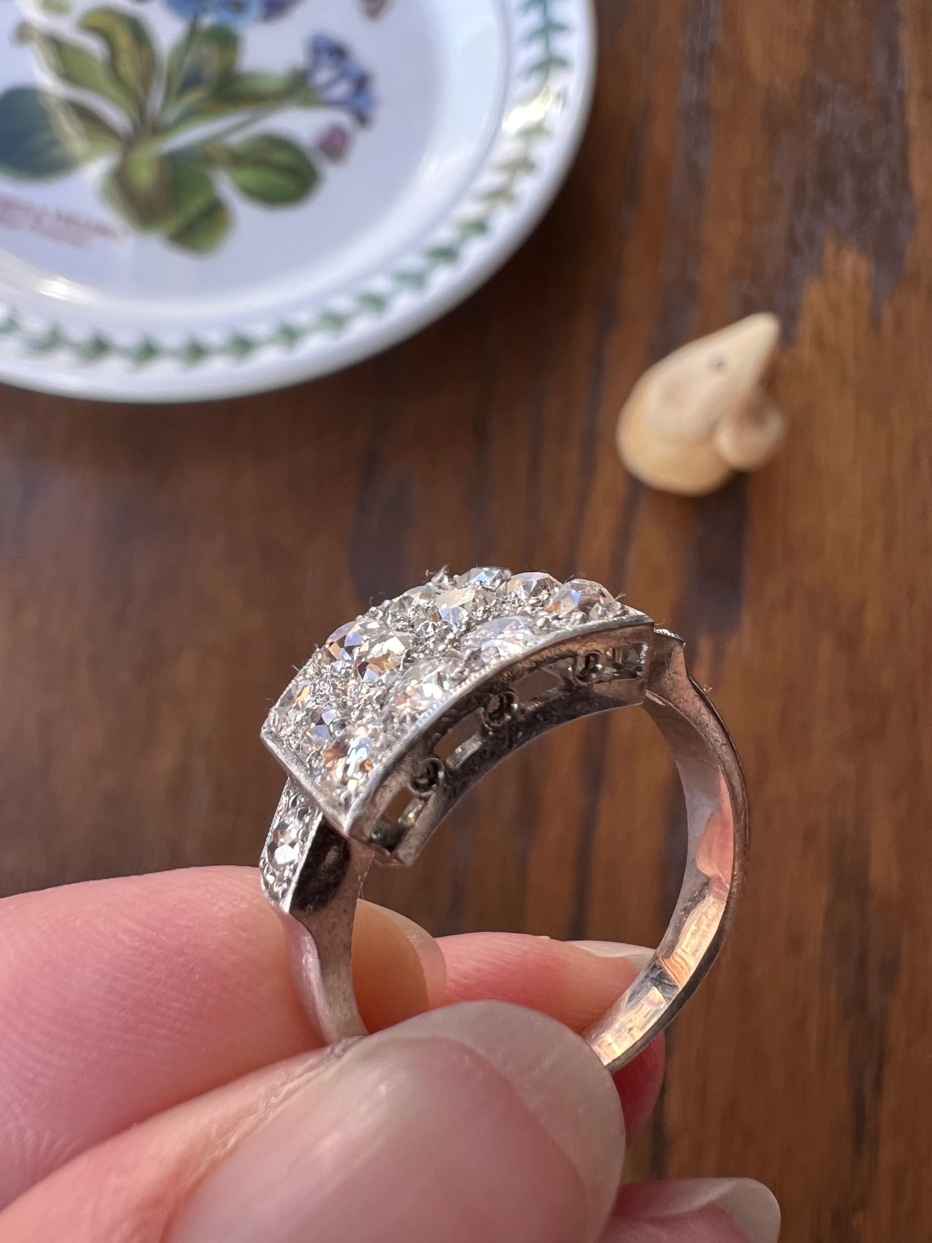 Two Carat 14 Old Mine Cut DIAMOND Curved Cluster Grid Ring French Antique Platinum Cobblestone - Image 14