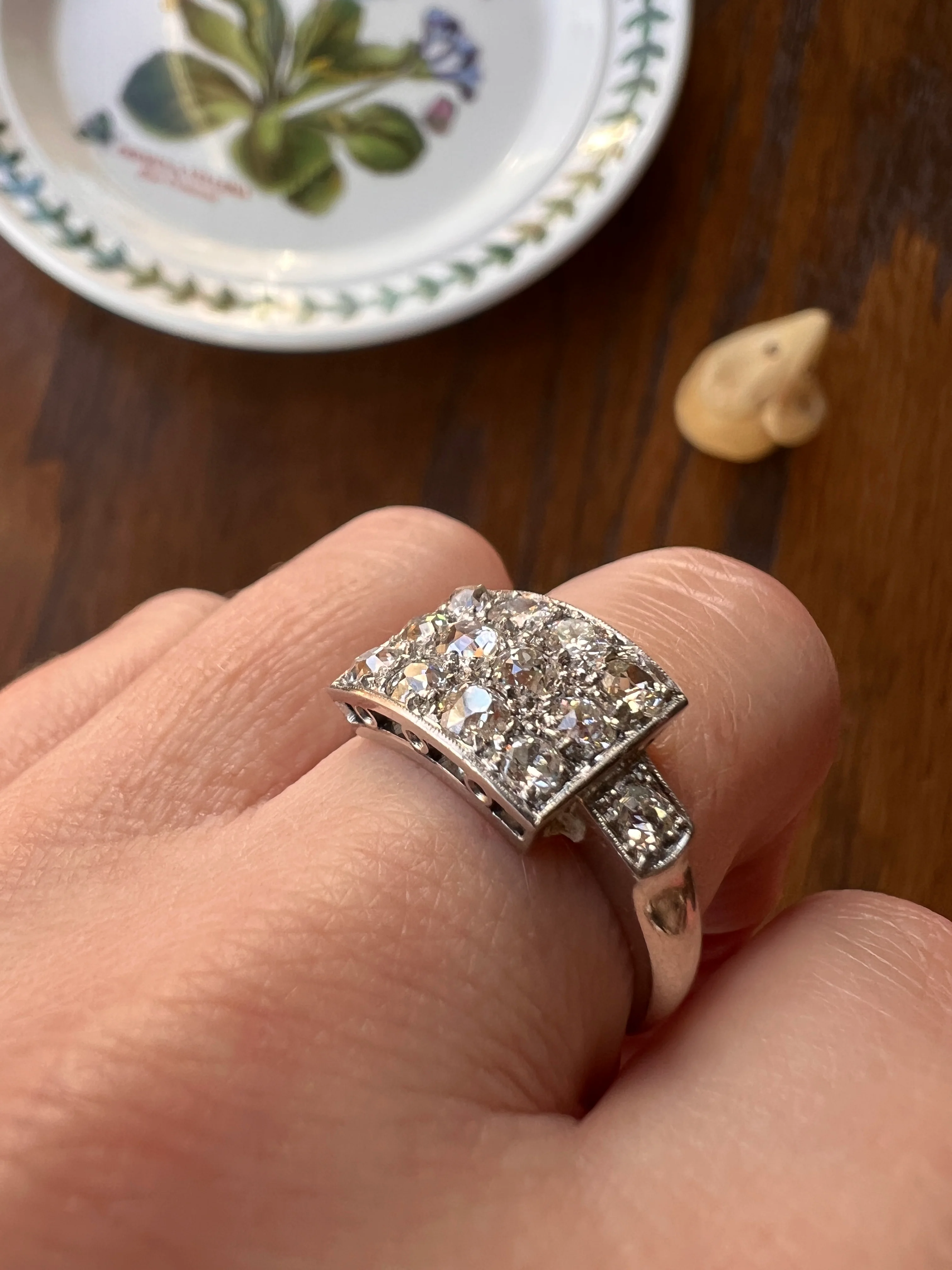 Two Carat 14 Old Mine Cut DIAMOND Curved Cluster Grid Ring French Antique Platinum Cobblestone - Image 15