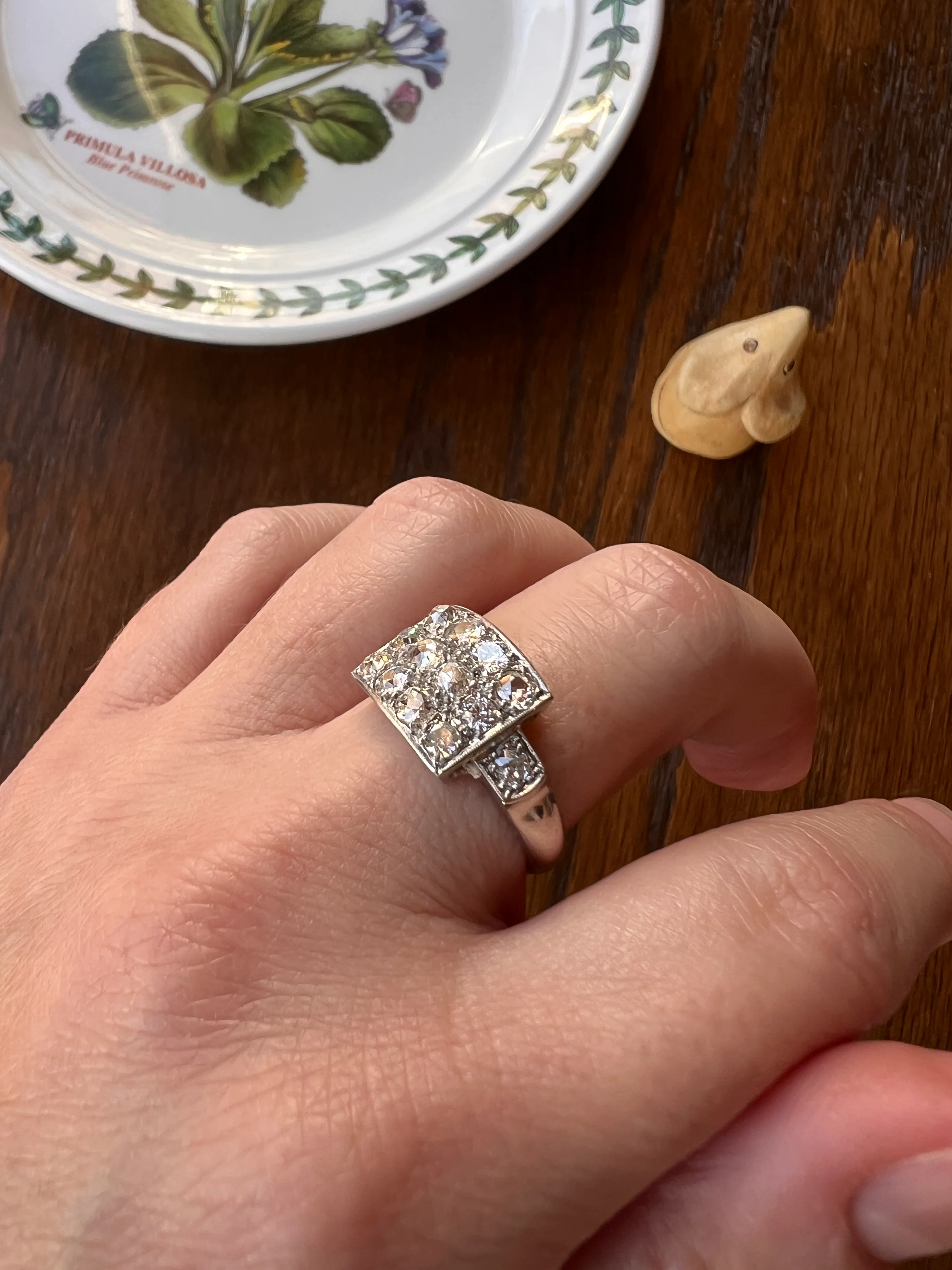 Two Carat 14 Old Mine Cut DIAMOND Curved Cluster Grid Ring French Antique Platinum Cobblestone - Image 16