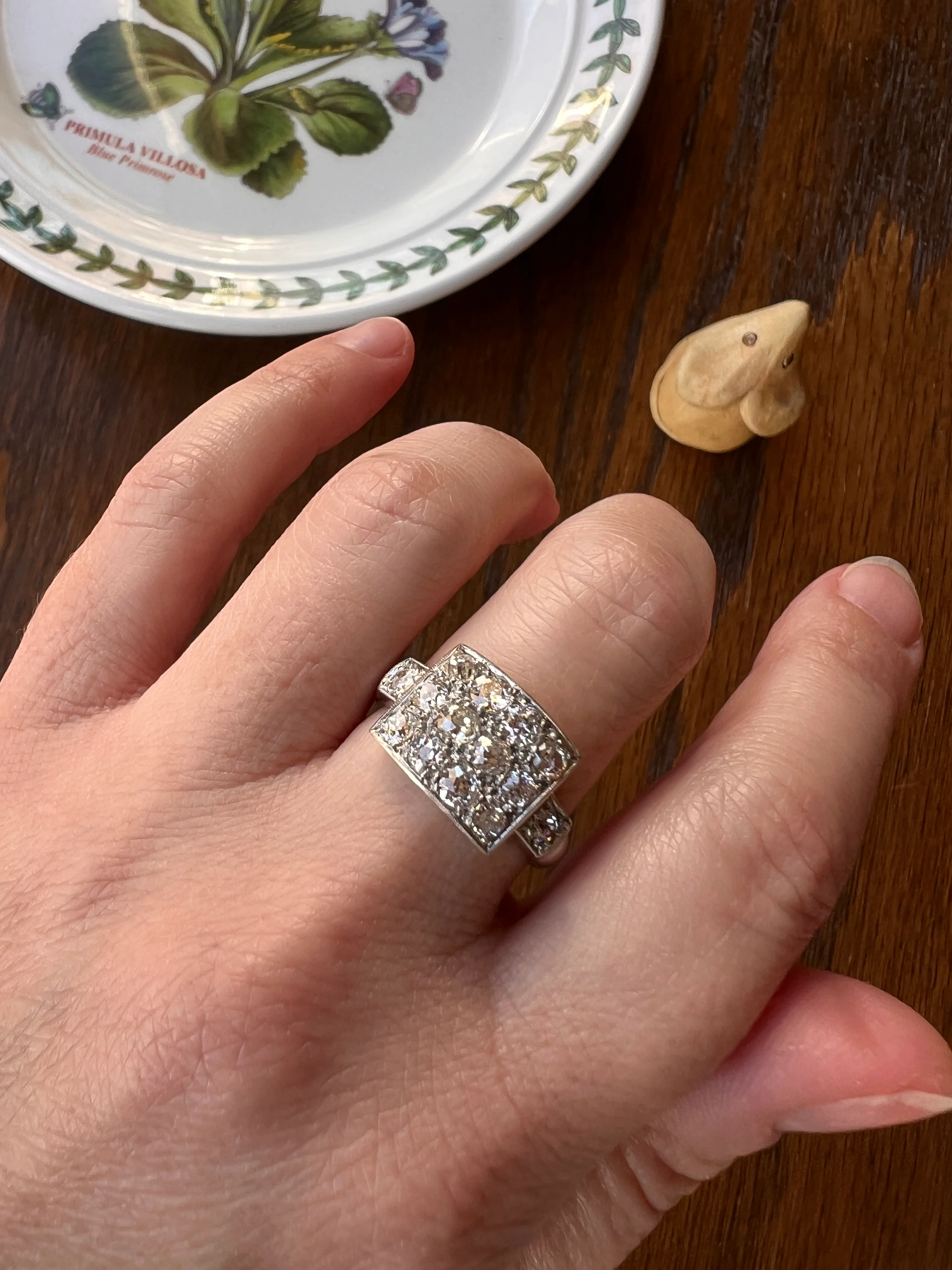 Two Carat 14 Old Mine Cut DIAMOND Curved Cluster Grid Ring French Antique Platinum Cobblestone - Image 17